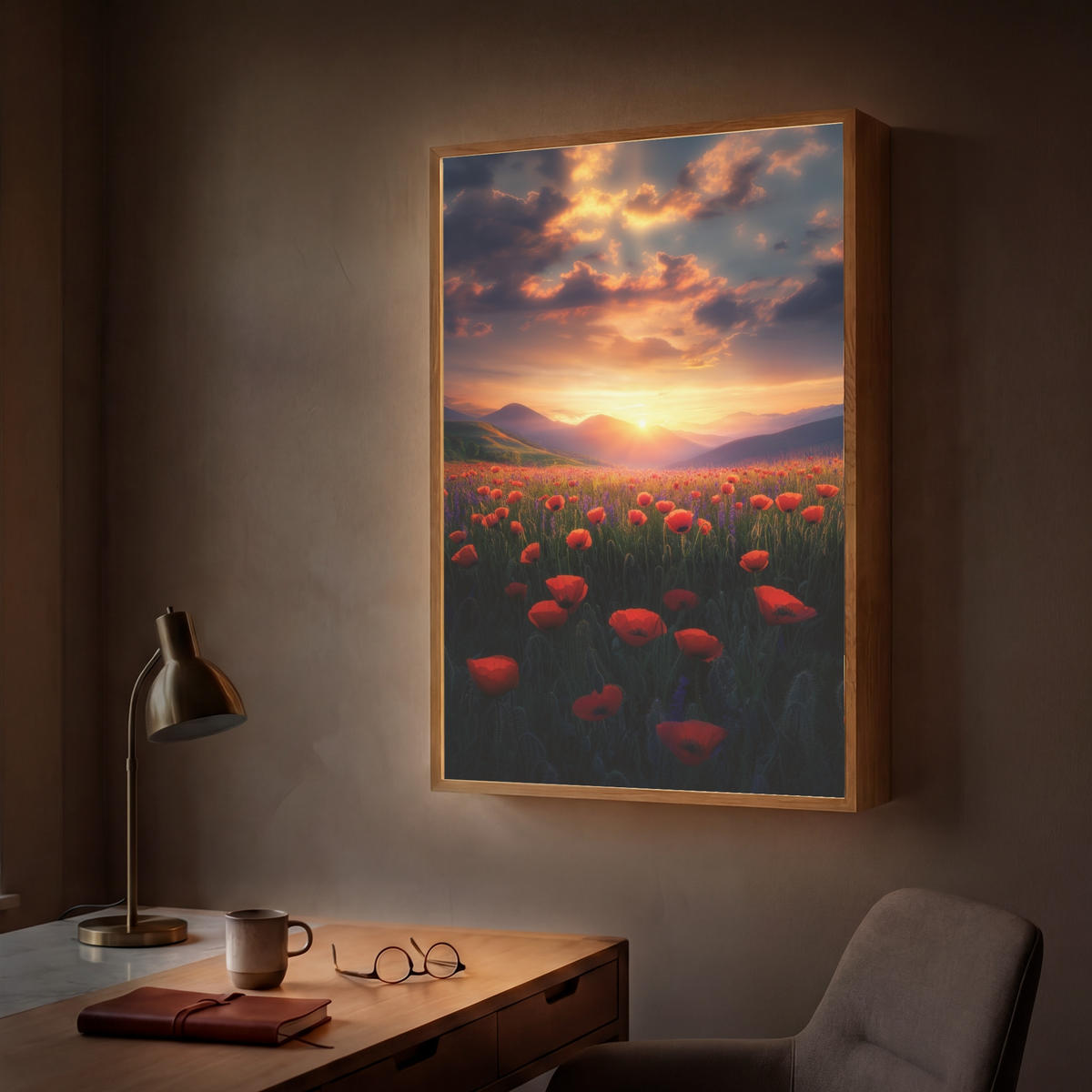 WANDLEUCHTE MIT AKKU Landschaft - Sonnenuntergang - Blumenfeld 70x100 cm - Rot, Holzwerkstoff (70/100/8cm) - OnlyWow