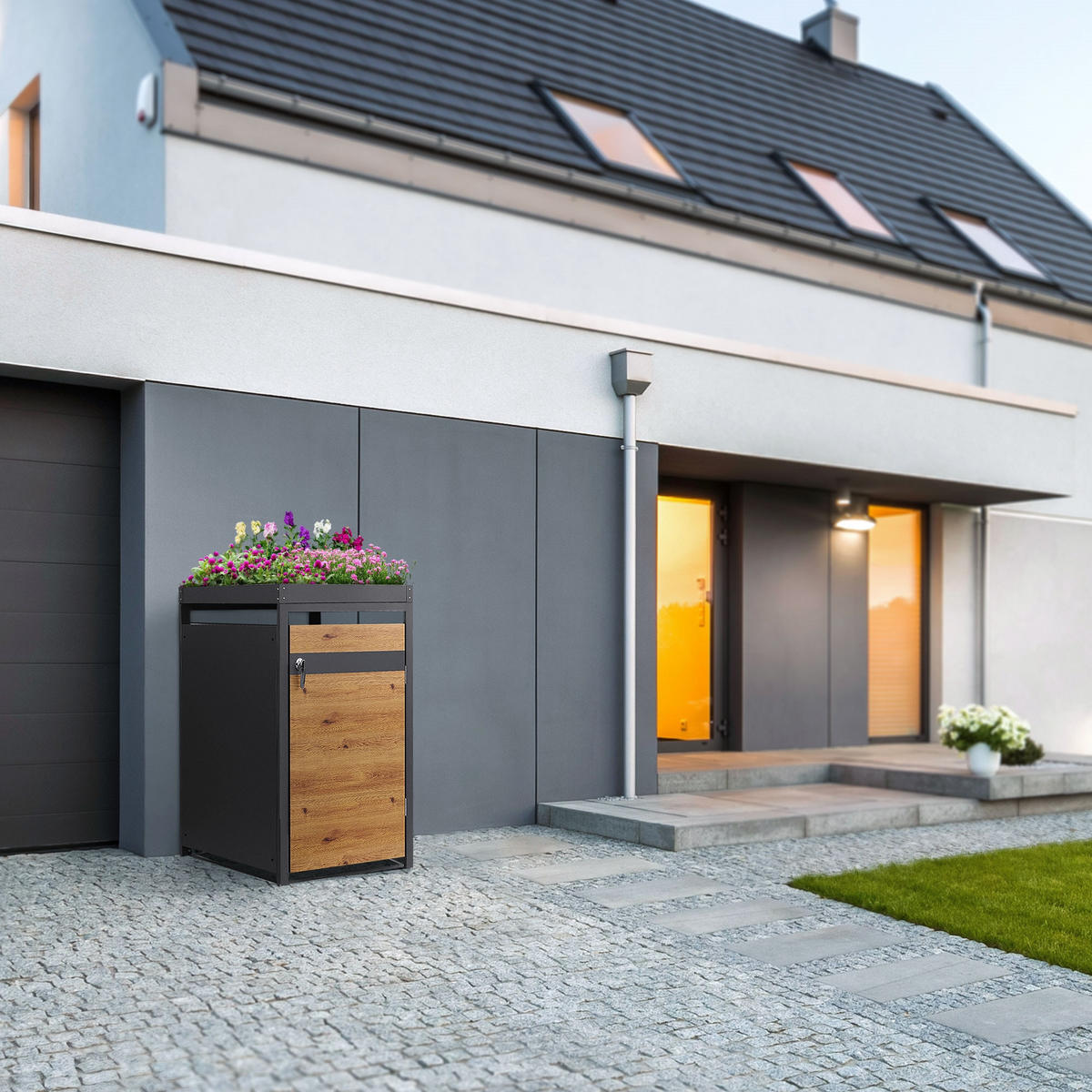MÜLLTONNENBOX 1er mit Pflanzdach Anthrazit-Eichenoptik - Braun, Metall (68/124/80cm) - ML-DESIGN