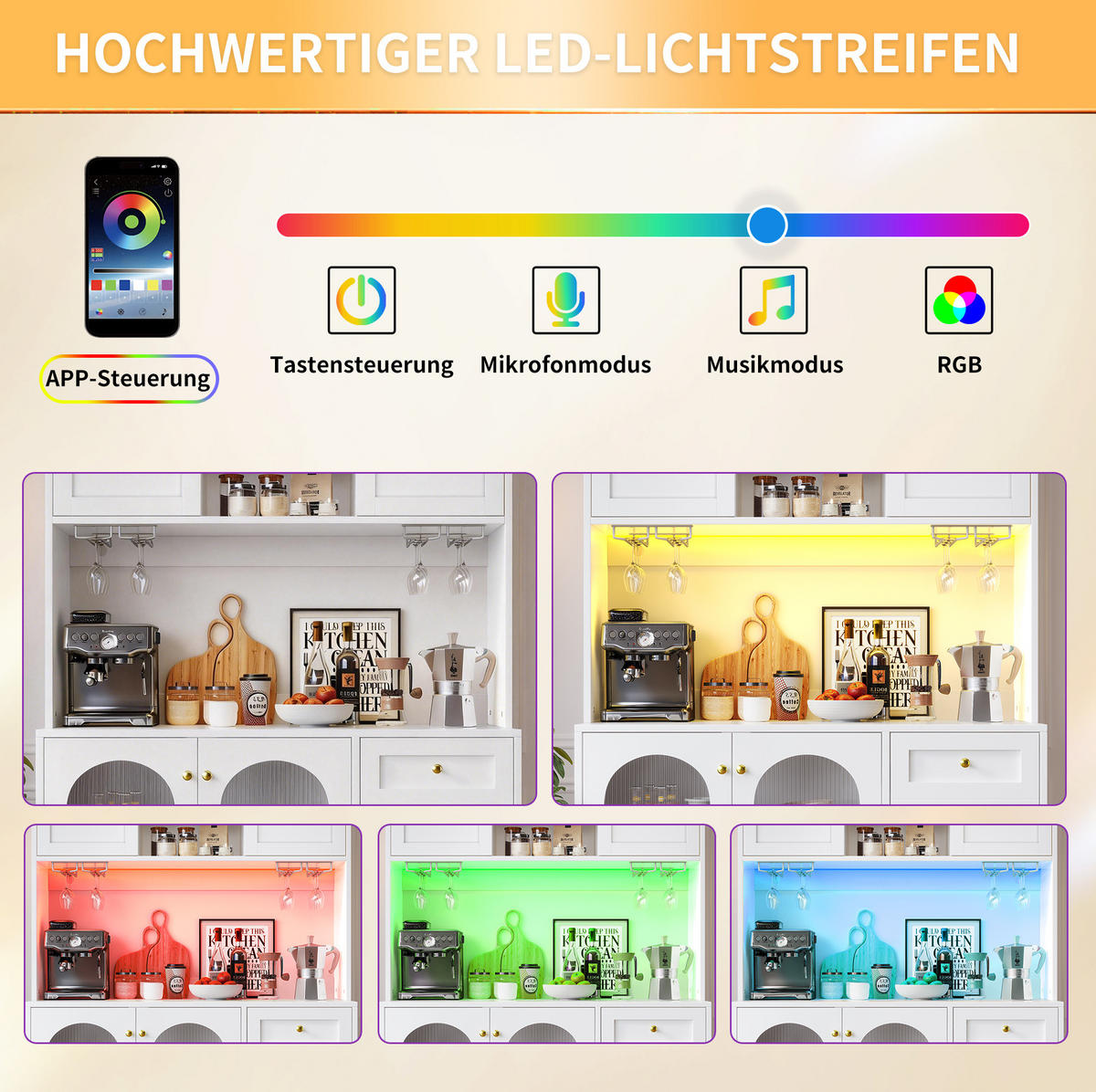BUFFET 120/40/188 cm aus MDF mit App-gesteuerter LED-Lichtleiste Weiß - Weiß, Holzwerkstoff (120/188/40cm) - Modenvie