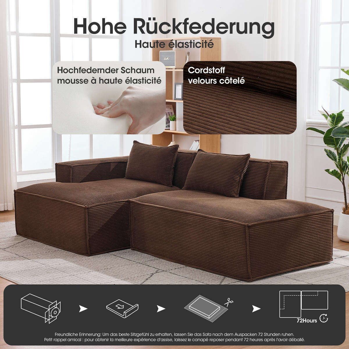 3-SITZER ECKSOFA Polyester Braun mit 2 Kissen - Braun, Textil (235/129cm) - WISHDOR