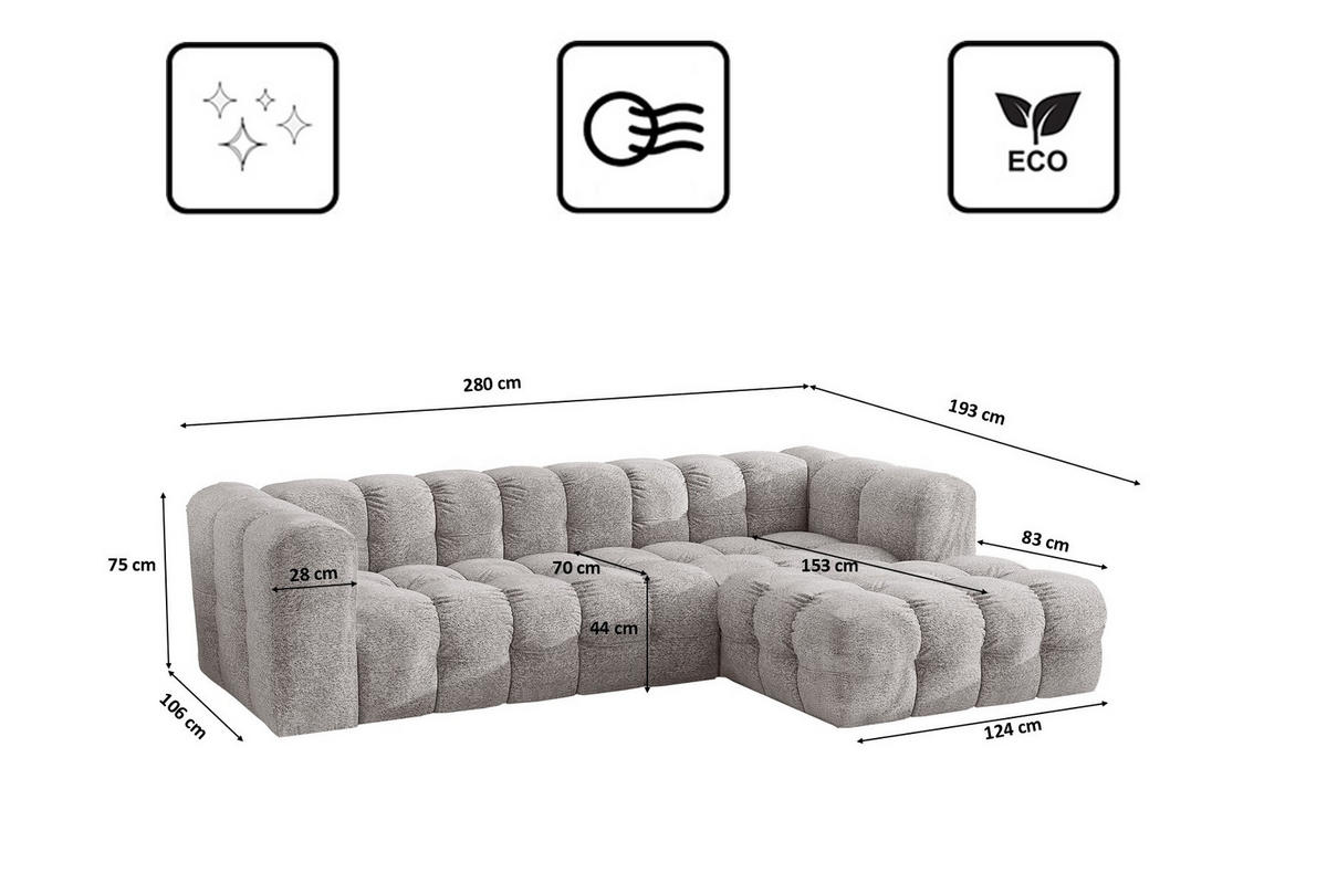 ECKSOFA L-form BALOO L, Chenille-Stoff Arena, Hellgrau, Rechts - Hellgrau, Holz (280/193cm) - Kaiser Möbel
