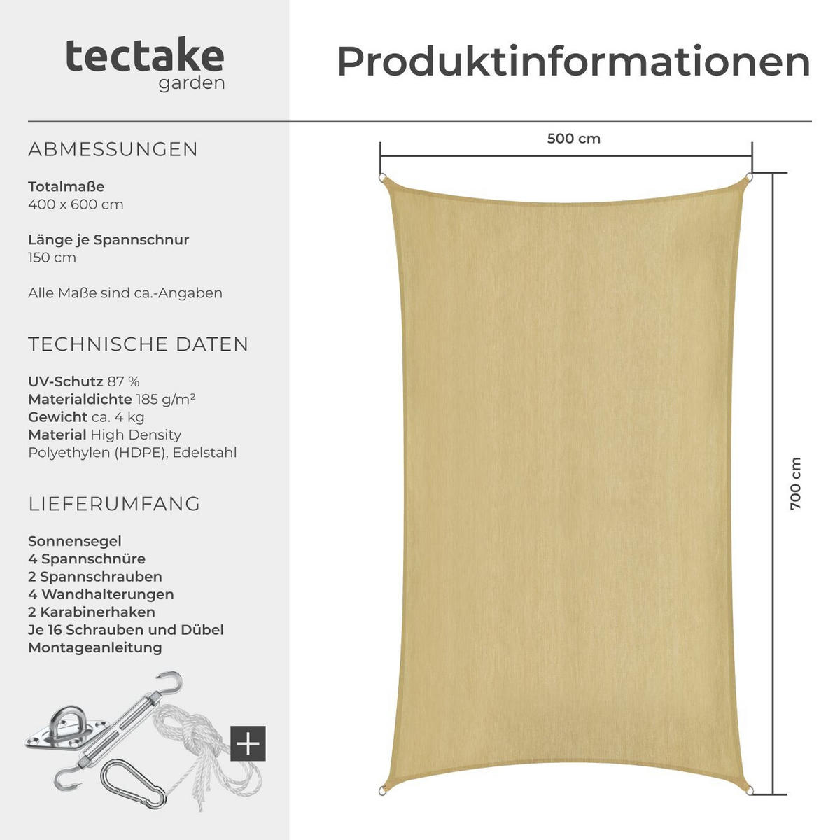 SONNENSEGEL Sunny,umfangreiches Montagematerial,Sand - Sandfarben, Kunststoff (700/500cm) - tectake