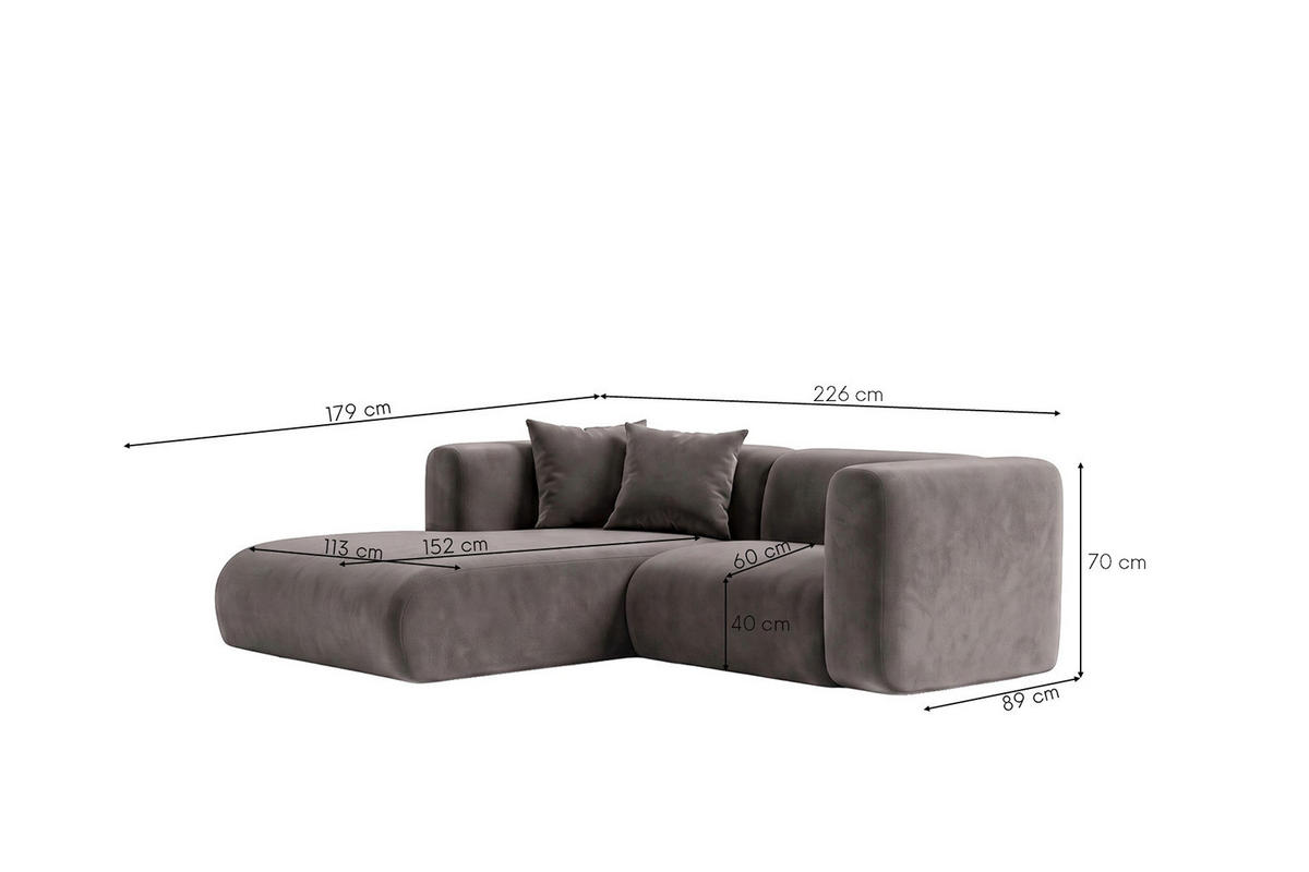 ECKSOFA L-Form mini, Velvet-Stoff Bluvel, Aschgrau, Links, GRETA - Grau, Holz (226/179cm) - Kaiser Möbel