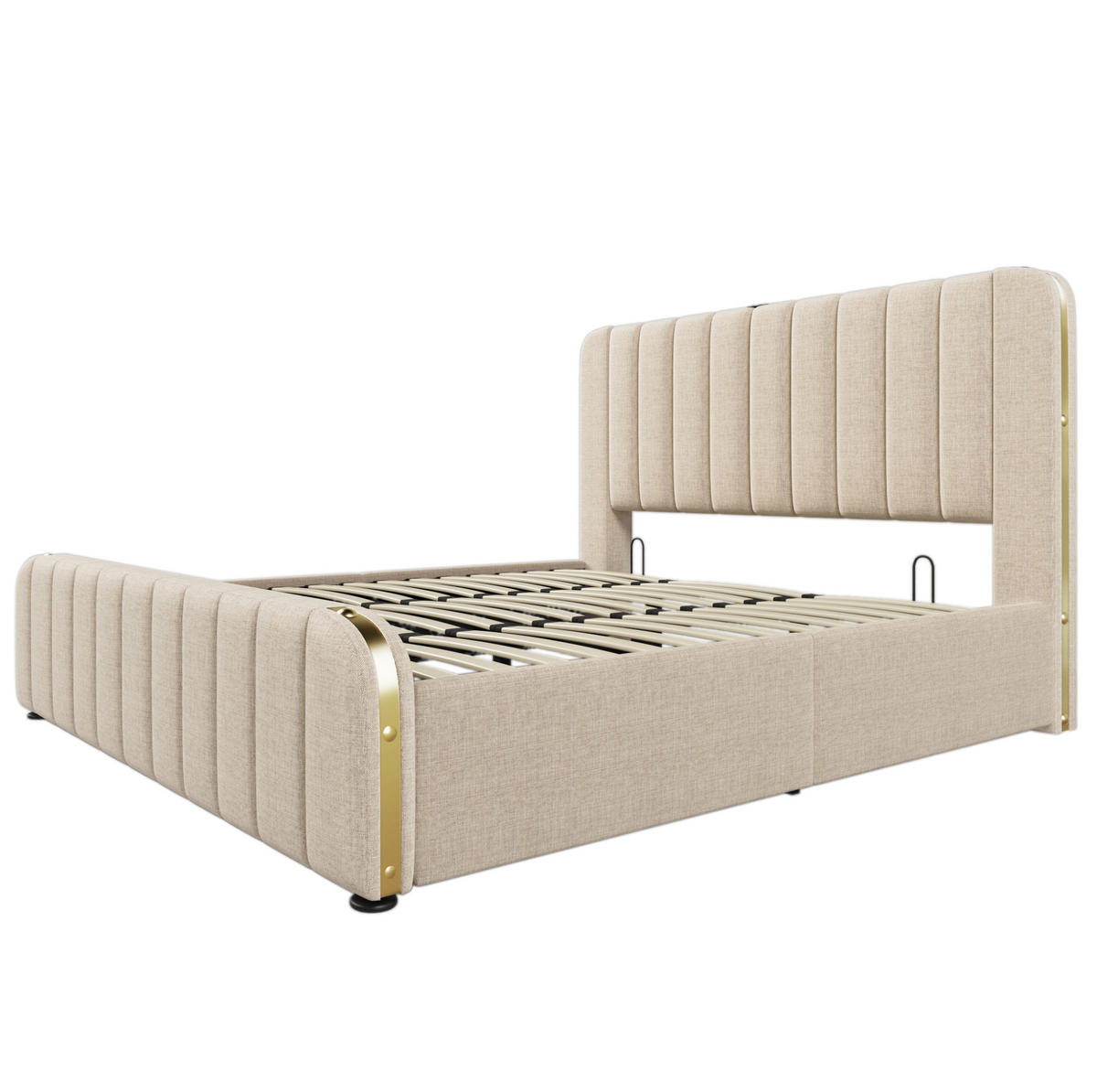POLSTERBETT aus Leinen 180x200 cm in Beige mit USB-C-Ladefunktion & Stauraum - Beige, Textil (180/200cm) - Modfu
