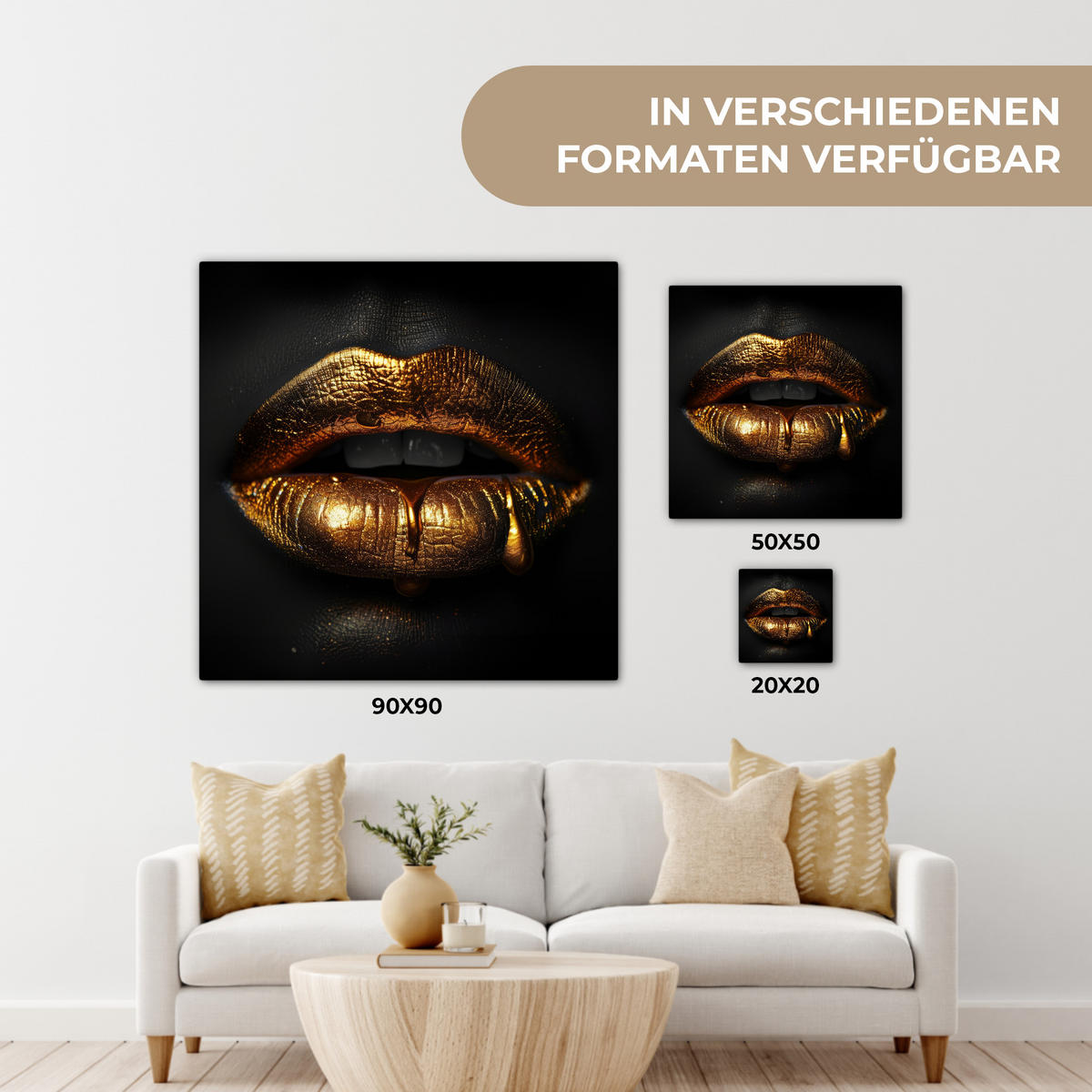 LEINWANDBILD Frau - Porträt - Lippen - Gold - Schwarz 20x20 cm - Schwarz, Textil (20/20cm) - MuchoWow