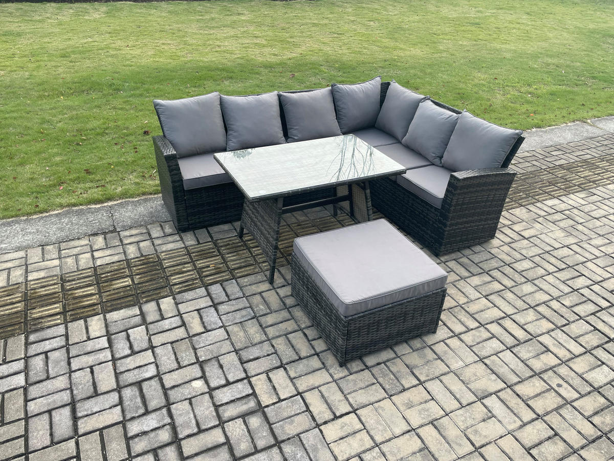 GARTENMÖBELSET mit ESSTISCH,HOCHLEHNER-SOFA Polyrattan Dunkelgrauer Mix 7-Sitzer - Dunkelgrau/Grau, Glas/Kunststoff - Fimous