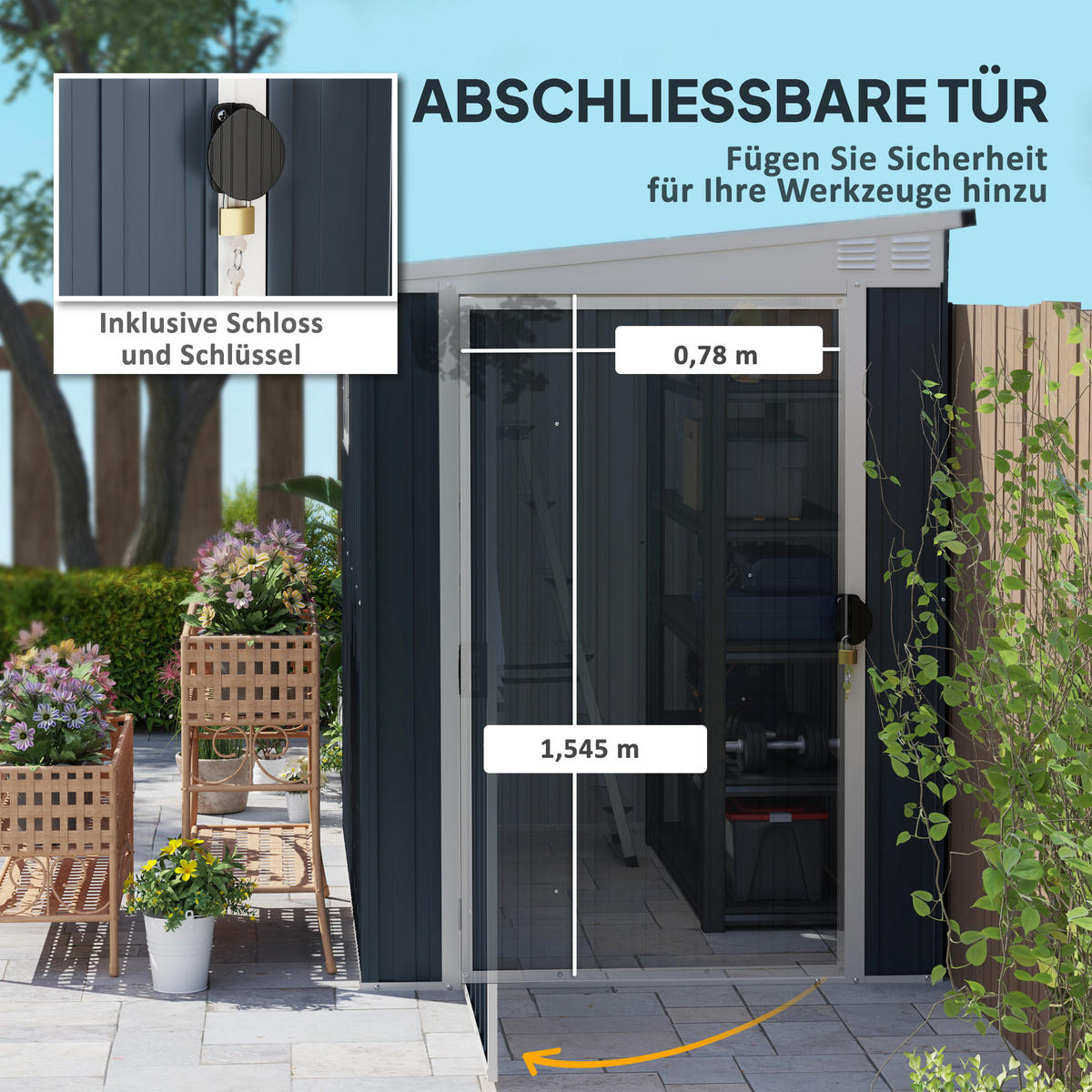 GARTENLAGERSCHUPPEN DE-08171 mit Fenster & Lüftung, abschließbar Dunkelgrau - Dunkelgrau, Metall (128/181/193cm) - ComfortXL