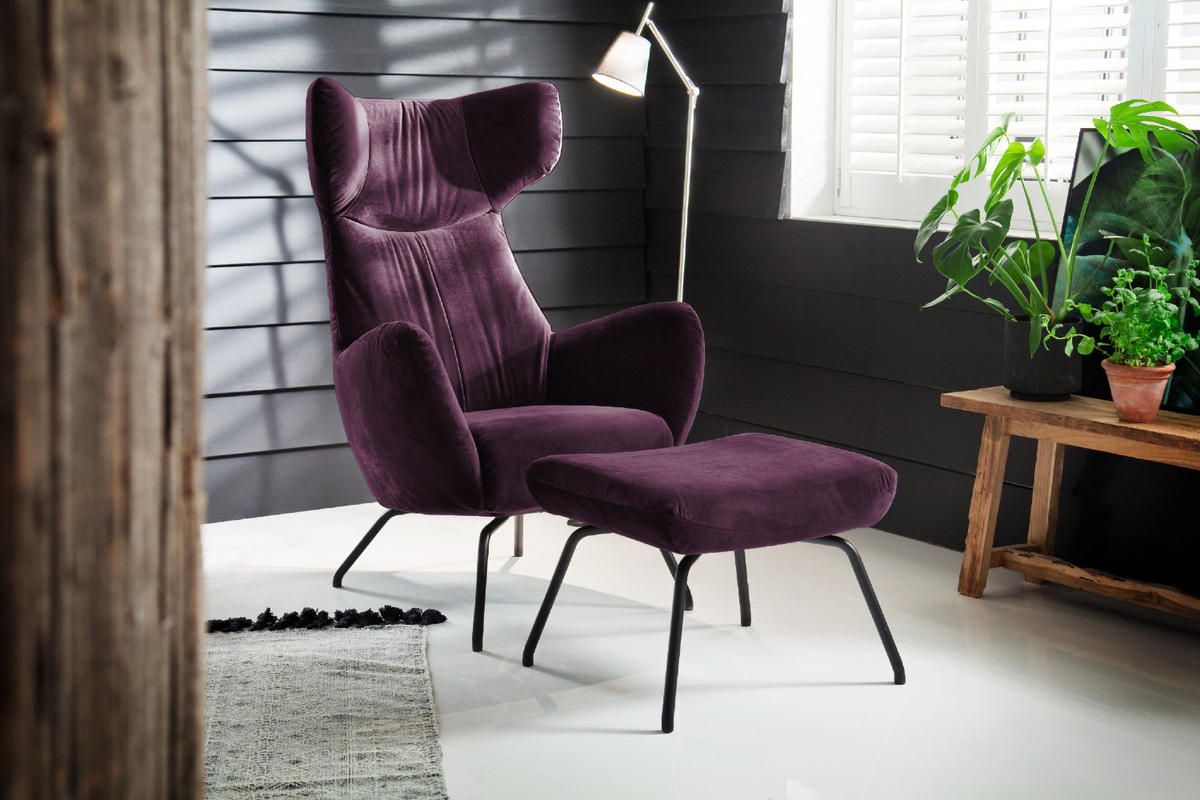 SESSEL MIT HOCKER LOTTE Violett Velvet - Violett/Schwarz, Textil (79/117/82cm) - KAWOLA