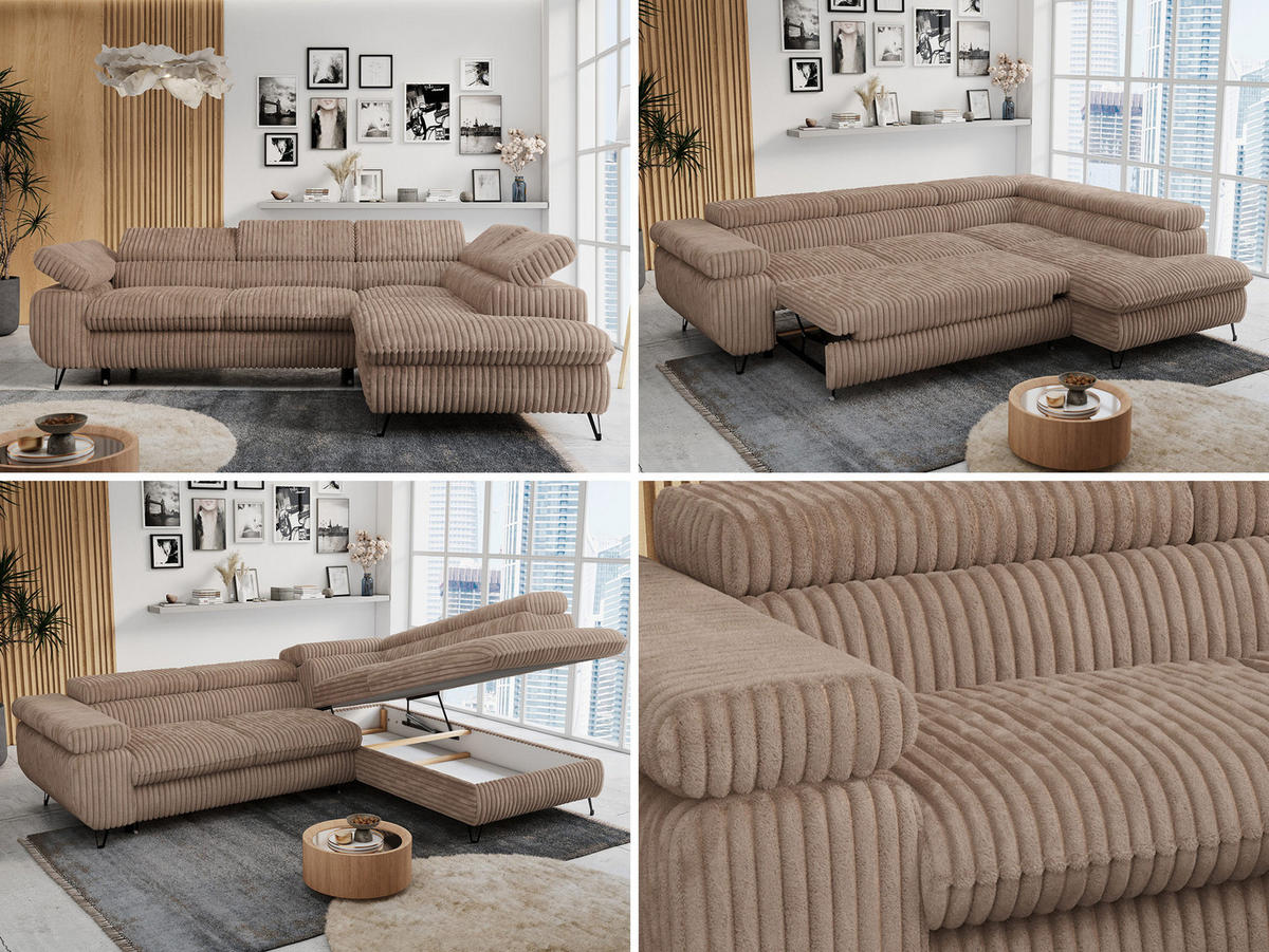 ECKSOFA PETER L Braun Cord - Rechts Seite - Schwarz/Braun, Textil/Metall (273/208cm) - MKS