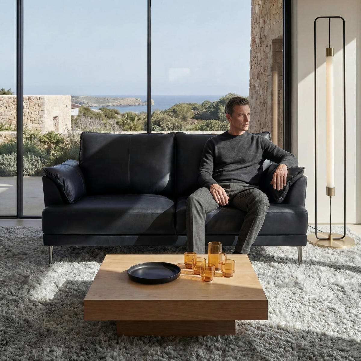 ZWEISITZER-SOFA Echtleder Schwarz - Schwarz, Leder/Metall (160/88/90cm) - Furnhouse