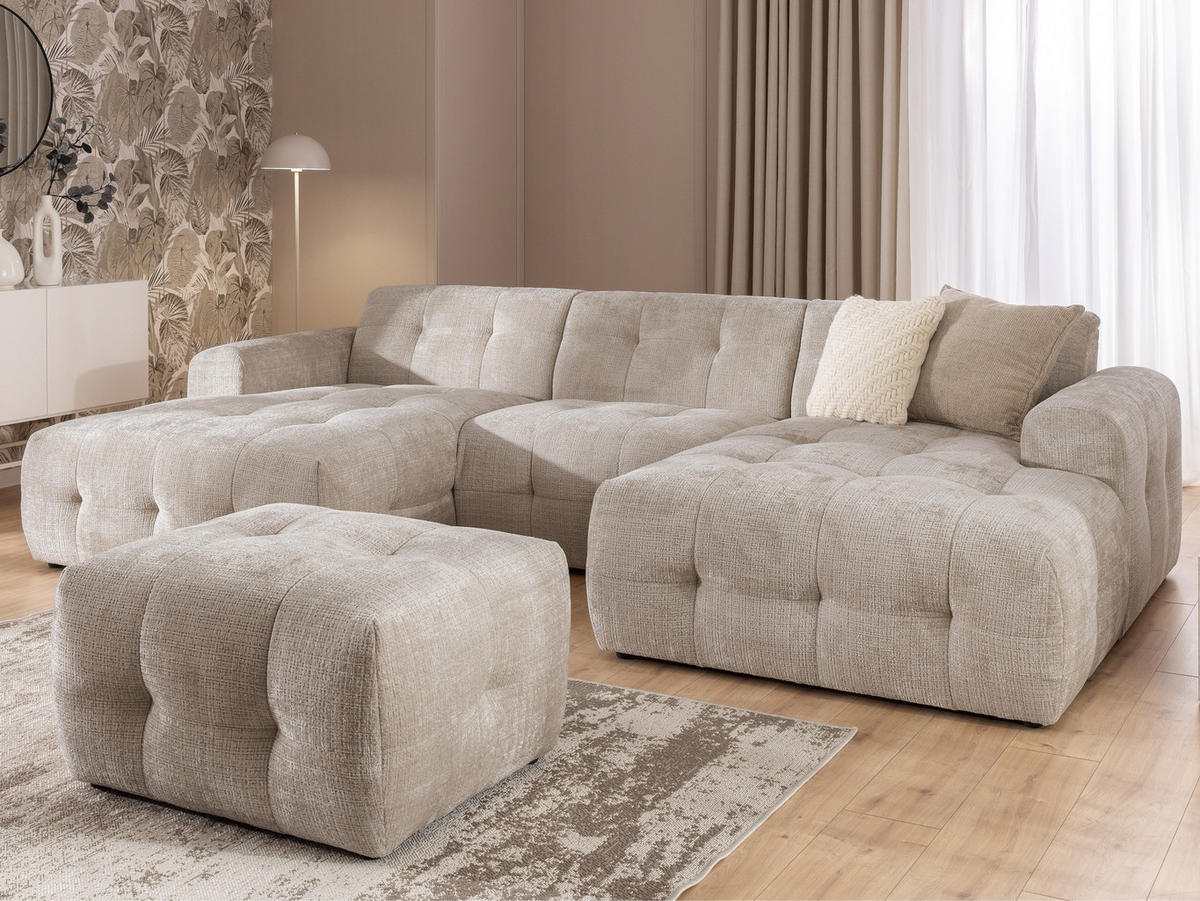 WOHNLANDSCHAFT inkl. Hocker Kozy im Bumpy-Design mit Schlaffunktion und fester Rückenlehne aus weichem Dunkelbeige Chenille-Stoff - Beige/Schwarz, Holz/Kunststoff (323/79/161cm) - S-Style Möbel