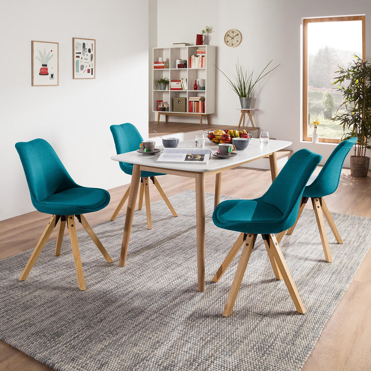 POLSTERSTUHL - Massivholz Gummibaum / Textil - Petrol/Braun, Holz/Textil (49/85/55cm) - home24