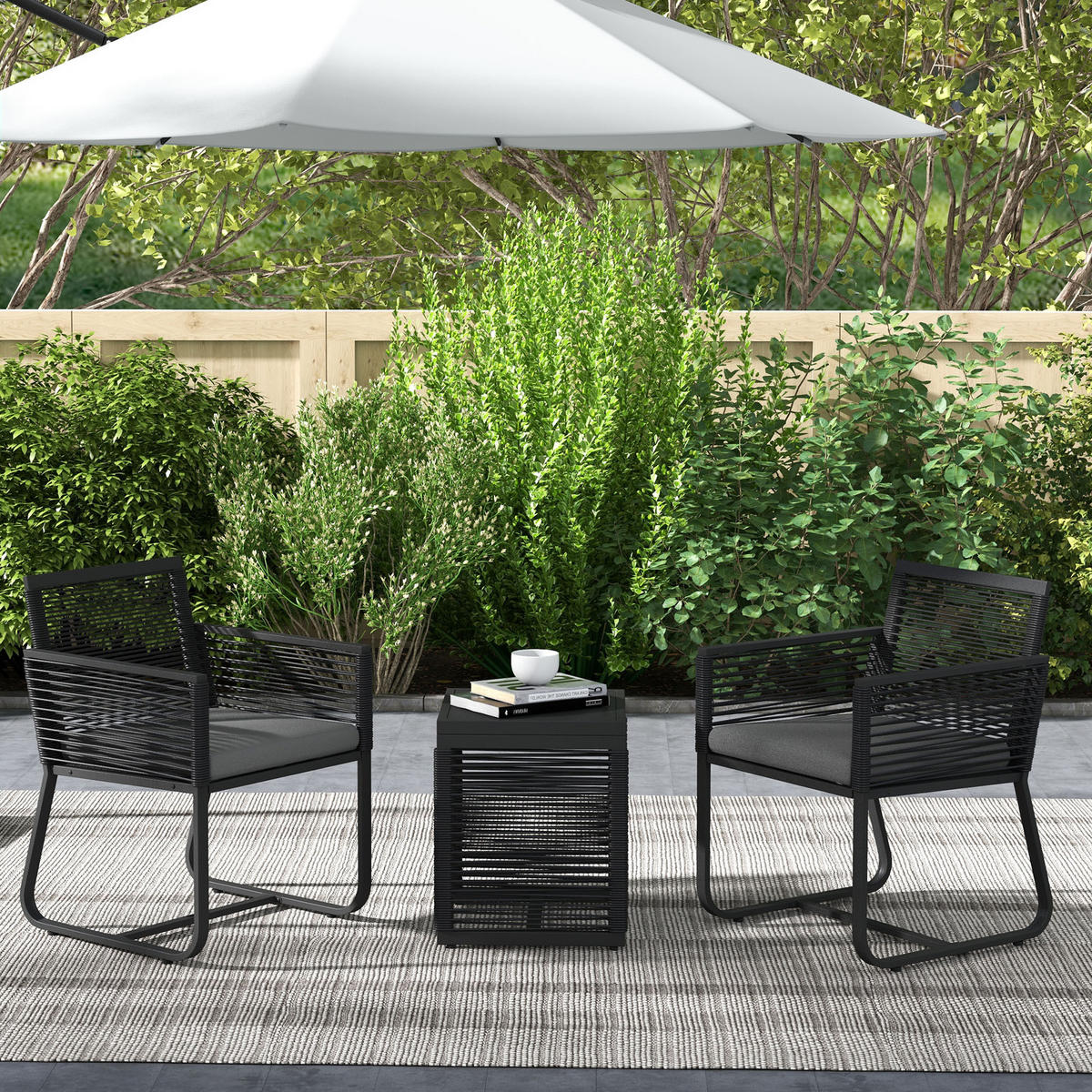 SITZGRUPPE, 3-tlg., Rattan Gartenmöbel-Set,Gartengarnitur mit 2 Gartenstühle - Schwarz, Kunststoff - Outsunny