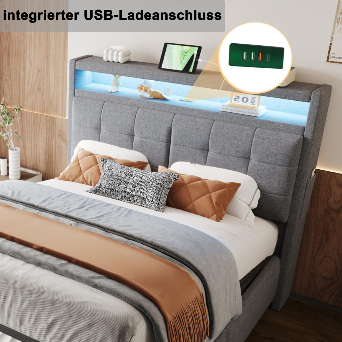 POLSTERBETT 140/200 cm grau mit LED-Beleuchtung und USB-Steckdose, Kopfteil mit Ablagen - Grau, Textil (140/200cm) - OKWISH