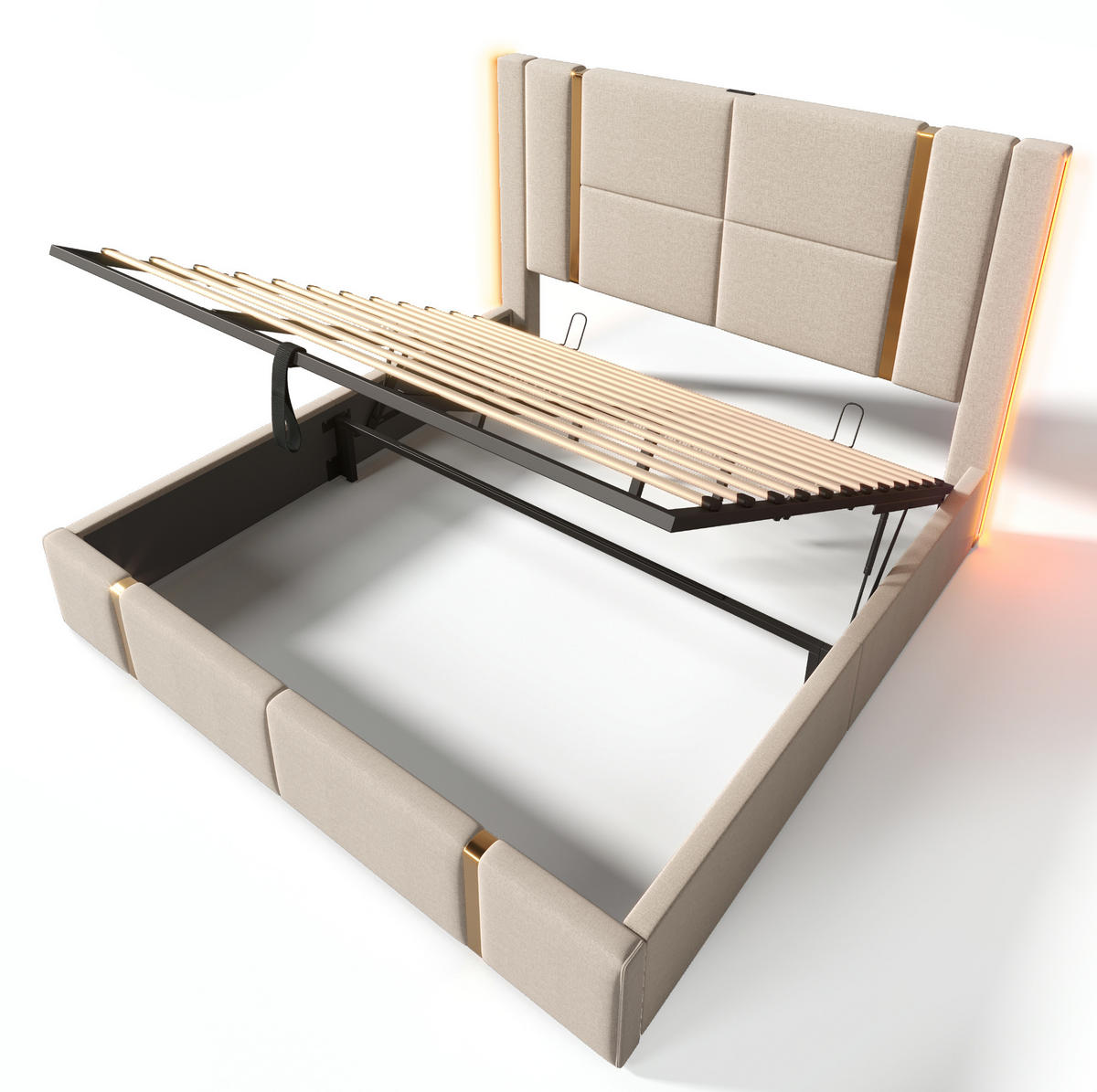 TAPECIRANI krevet od lanene tkanine 180x200 cm bež s LED rasvjetom, USB i USB-C punjenjem te spremištem - bež, tekstil (180/200cm) - Modfu