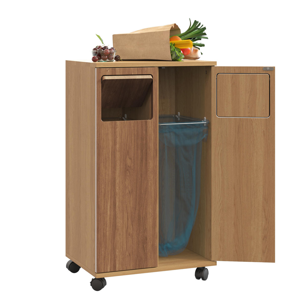 MÜLLSCHRANK DE-38851 46,7/35/80 cm 2 Fächer und Rollen Eiche-Optik - Naturfarben, Holzwerkstoff (46.7/80/35cm) - ComfortXL