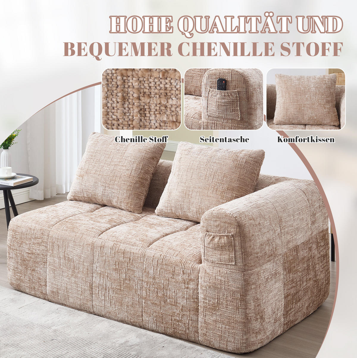 POHOVKA z chenille, 158/90/60 cm, kaki, s vankúšom a bočnými vreckami - piesková, textil (60/160/90cm) - BEAOK