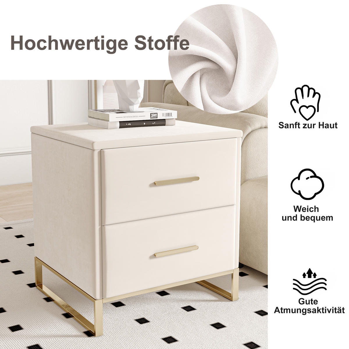 NACHTTISCH 2er Set Samt 2 Schubladen beige - Beige, Holz (40/50/40cm) - LEBENLANG