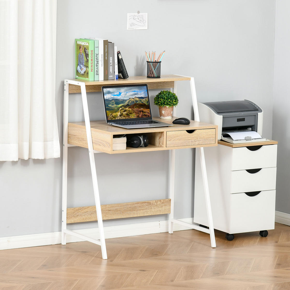 SEKRETÄR SCHREIBTISCH Weiß und Eichefarben mit Schublade und Ablage 80/50/100 cm - Naturfarben, Holzwerkstoff (50/80/100cm) - PANGIVO