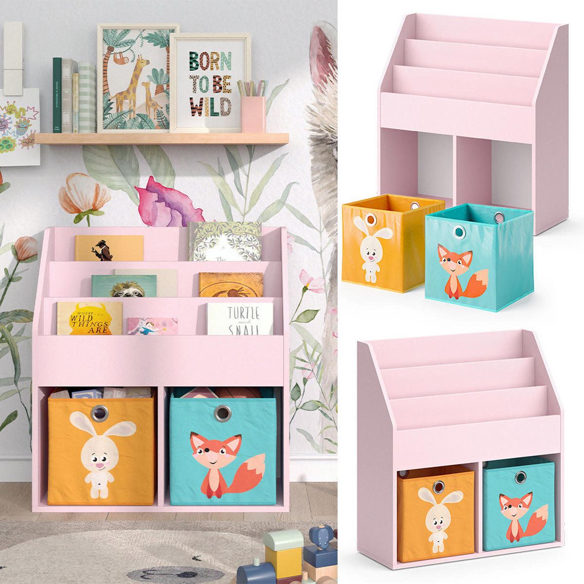 KINDERREGAL Luigi Rosa 72 x 79 cm mit 2 Faltboxen (Fuchs, Hase) - Pink, Holzwerkstoff (72/79/30.7cm) - Vicco