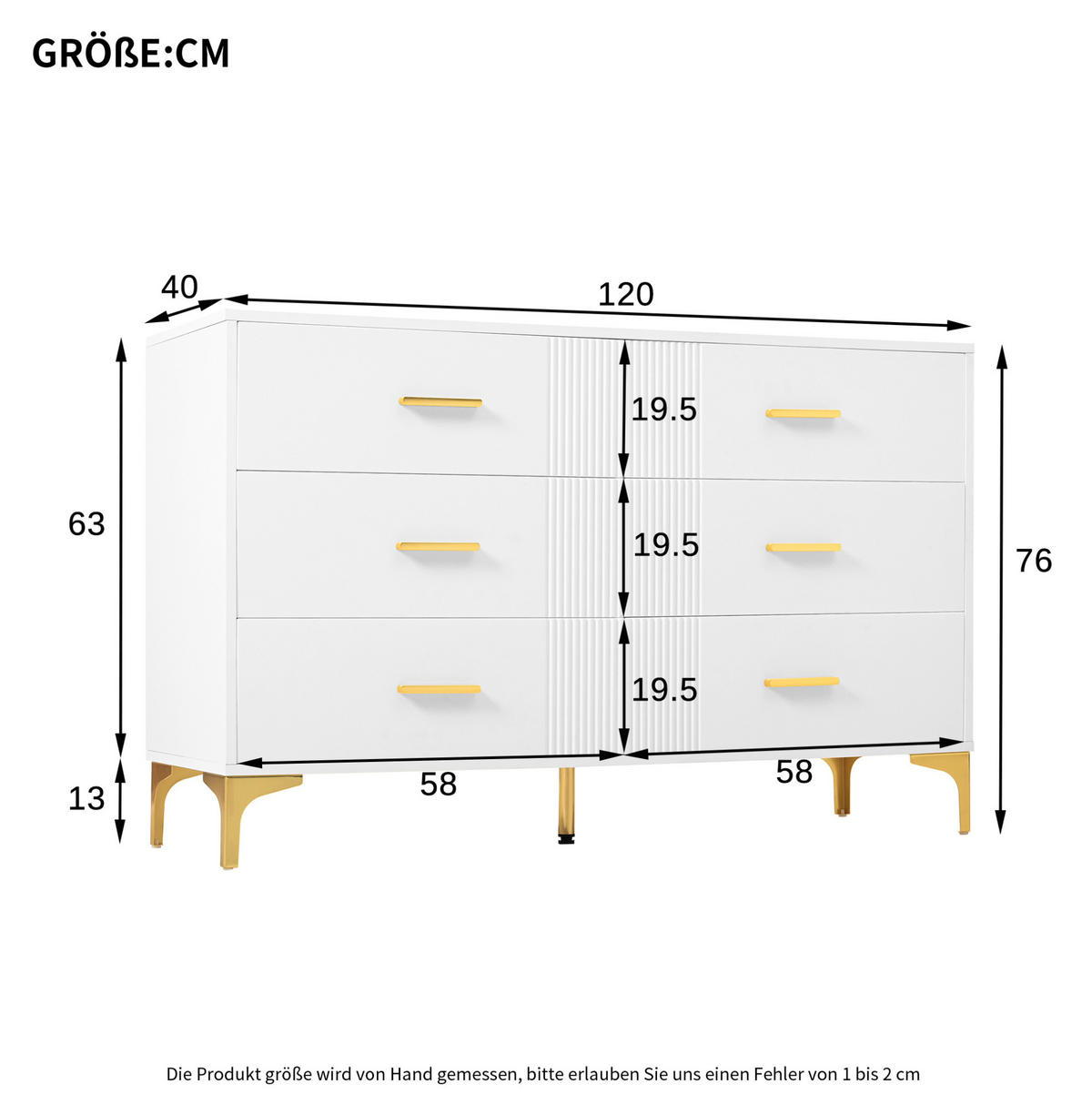 KOMMODE 120/40/76 cm mit 6 Schubladen und goldfarbenen Metallgriffen - Weiß, Holzwerkstoff (120/76/40cm) - BEAOK