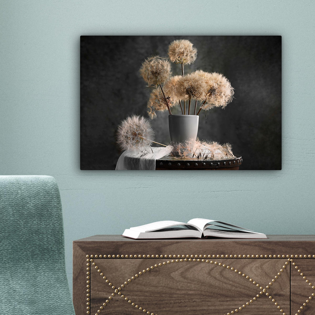 LEINWANDBILD Blumensamen - Löwenzahn - Vase - Stilleben - Blumenstrauß Deko Schlafzimmer 30x20 cm - Dunkelgrau, Textil (30/20cm) - MuchoWow
