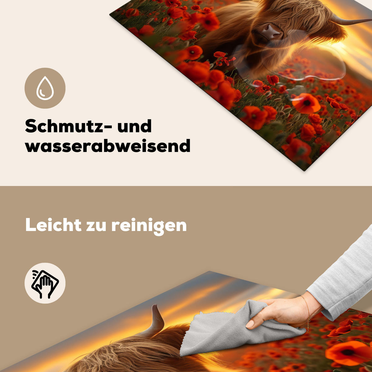 HERDABDECKPLATTE Schottische Highlander - Rosen - Blumenfeld - Sonnenuntergang Ceranfeldabdeckung 76x51.5 cm - Rotbraun, Kunststoff (76/51.5/0.2cm) - MuchoWow