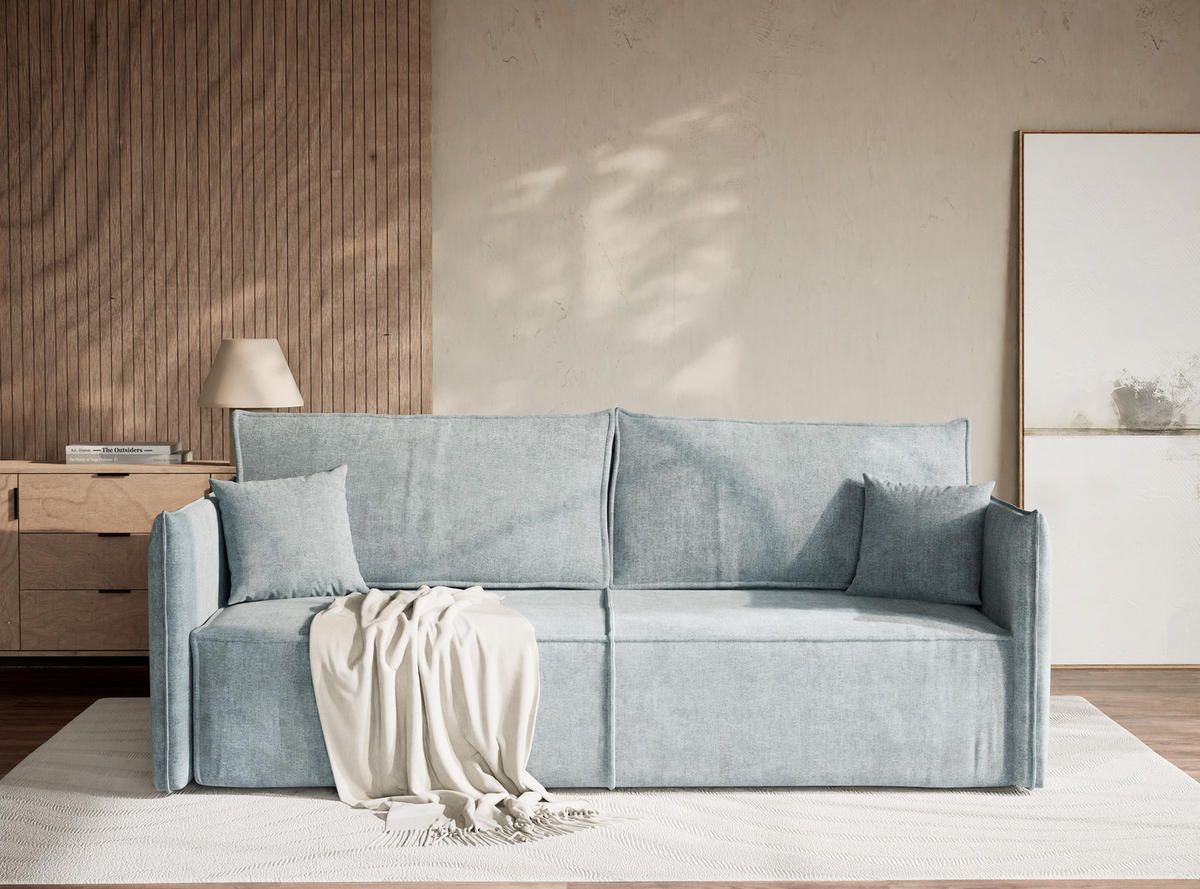 SOFA MIT SCHLAFFUNKTION Obra Hellblau Chenille-Stoff - Schwarz/Hellblau, Holz/Holzwerkstoff (220/70/107cm) - Maison de Reve