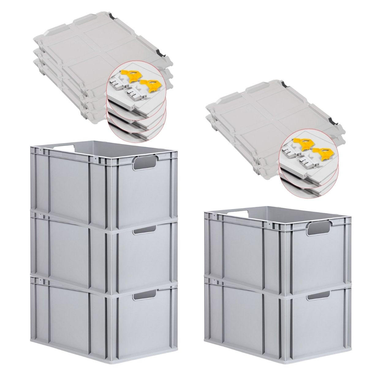 EUROBOX 5x Nextgen Economy Mit Scharnierdeckel Grau/Gelb Griffe Offen 65 Liter - Gelb, Kunststoff (40/32/60cm) - PROREGAL
