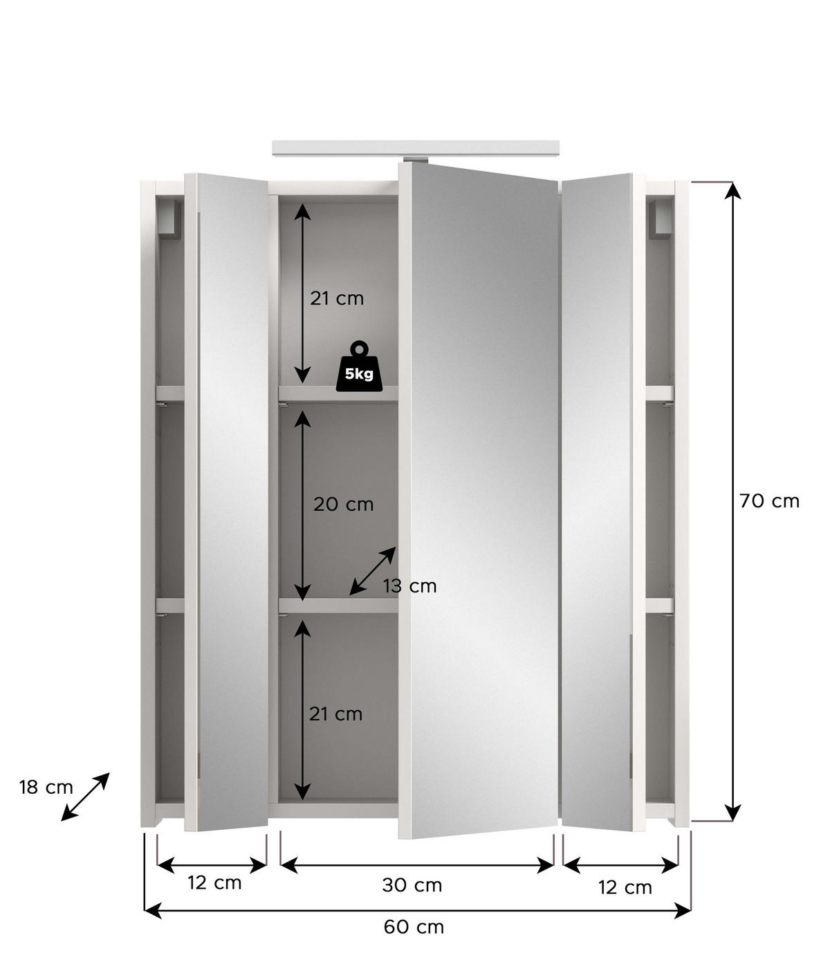 SPIEGELSCHRANK inkl. Beleuchtung ICE (B/H/T: ca. 60/70/18 cm) in Weiß/weiß hochglanz - Weiß, Holzwerkstoff (60/70/18cm)
