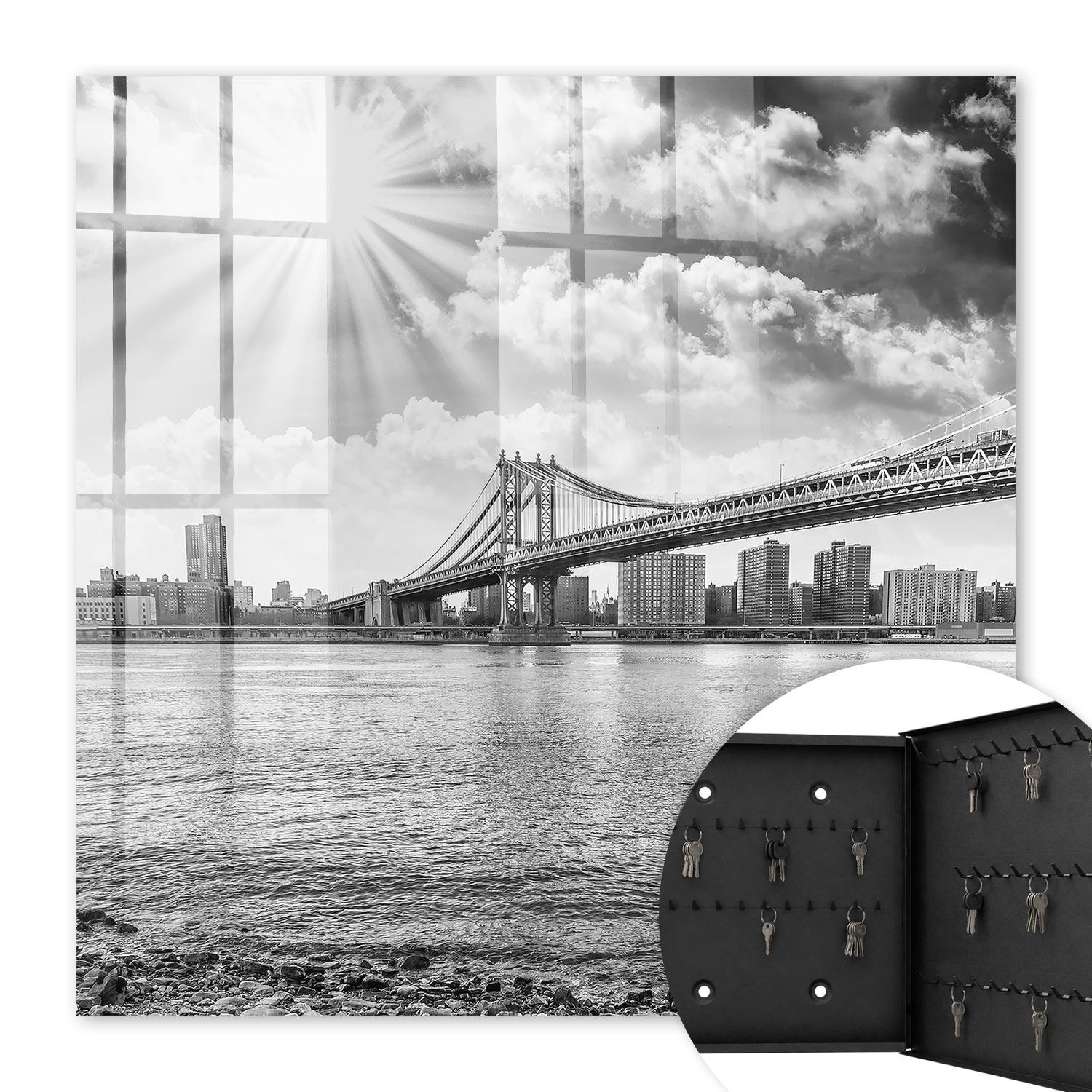 SCHLÜSSELBOX Schwarz 30x30 cm- Türöffnung nach rechts - Die Stadt und die Brücke - Multicolor, Metall (30/30/5cm) - TULUP