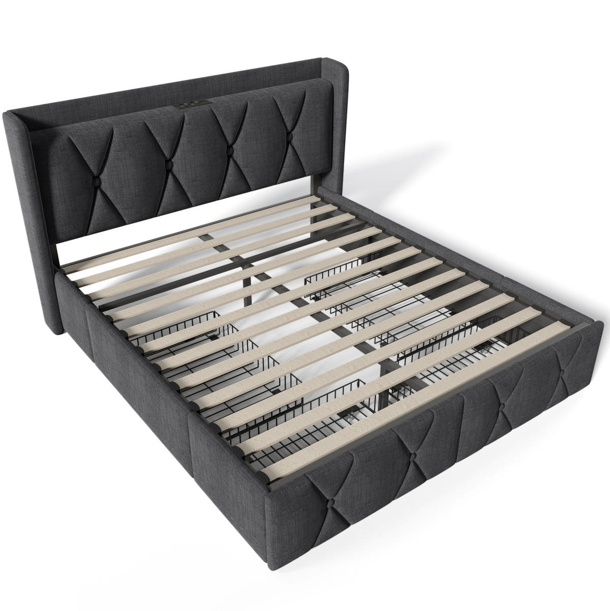 POLSTERBETT aus Leinenstoff 140x200 cm Grau mit 4 Schubladen, Steckdosen und USB-Anschlüssen - Grau, Textil (140/200cm) - IVMEU