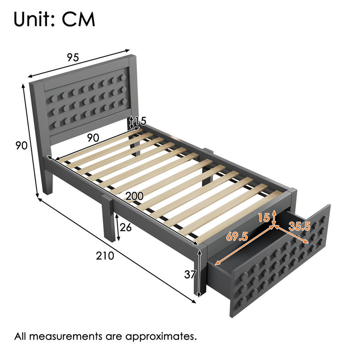 EINZELBETT 90 200 cm aus Massivholz mit Schubladen und Stauraum - Grau, Holz (90/200cm) - FLIEKS