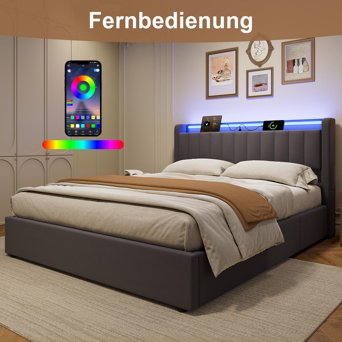 POLSTERBETT 160/200 cm in Dunkelgrau Samt mit Bettkasten und gepolstertes Kopfteil - Dunkelgrau, Holzwerkstoff/Textil (160/200cm) - CHICFURN