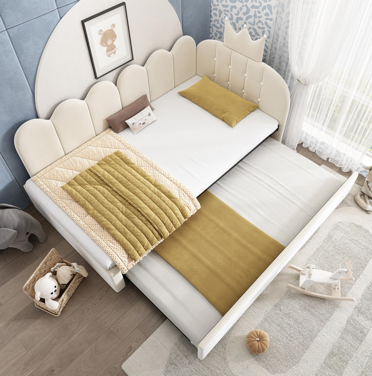KINDERBETT Polsterbett 90/200 cm aus Samt mit Ausziehbett und Kronendesign Beige - Beige, Textil (90/200cm) - Modenvie