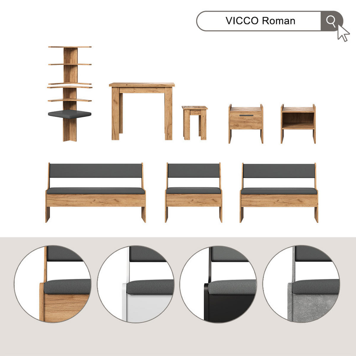 ECKBANKGRUPPE Roman Beton 150 x 41.5 cm mit Tisch - Schieferfarben, Holzwerkstoff (150/80/120cm) - Vicco