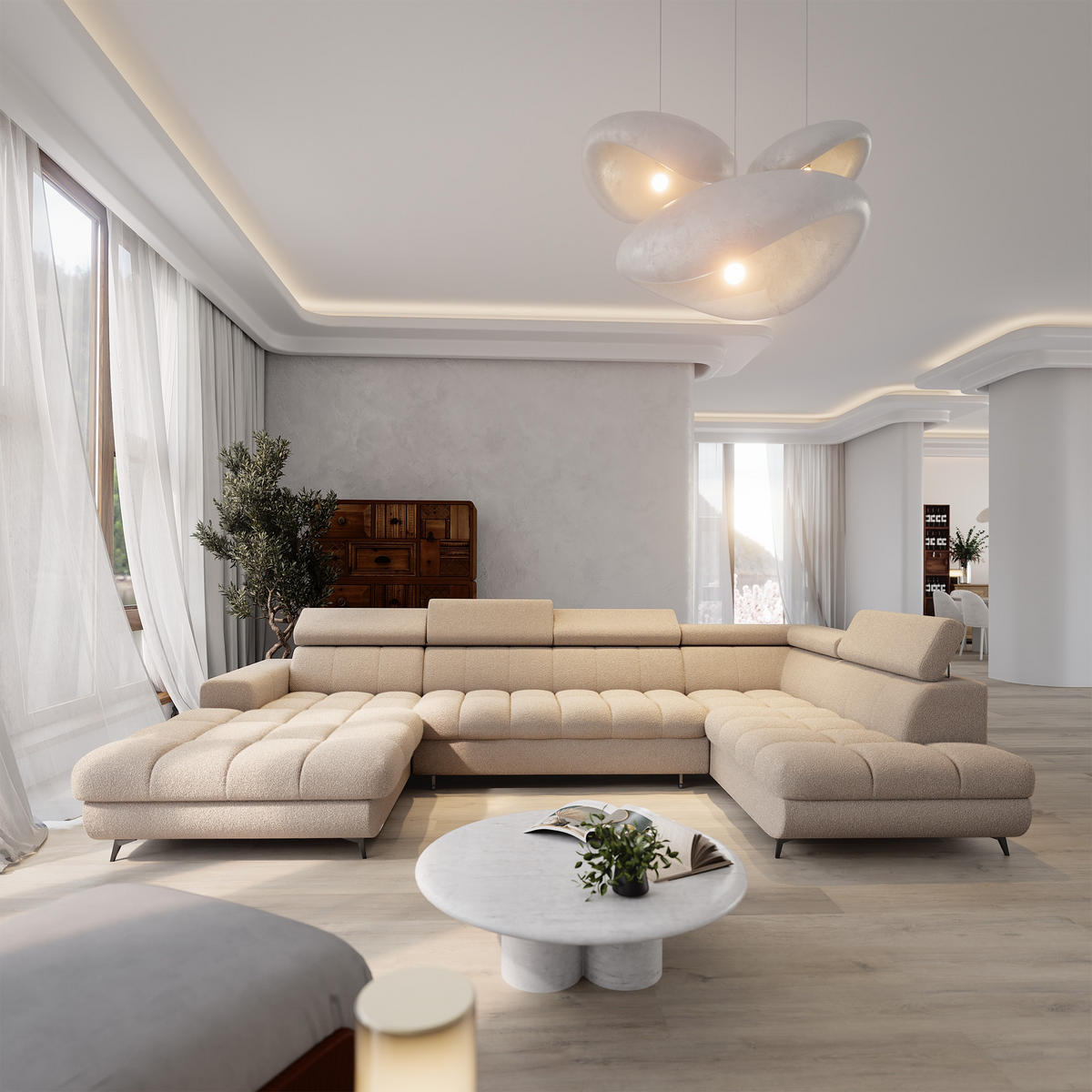 WOHNLANDSCHAFT CORENO Beige Boucle-Stoff mit Schlaffunktion - Beige, Holz (345/88/190cm) - MASSENO