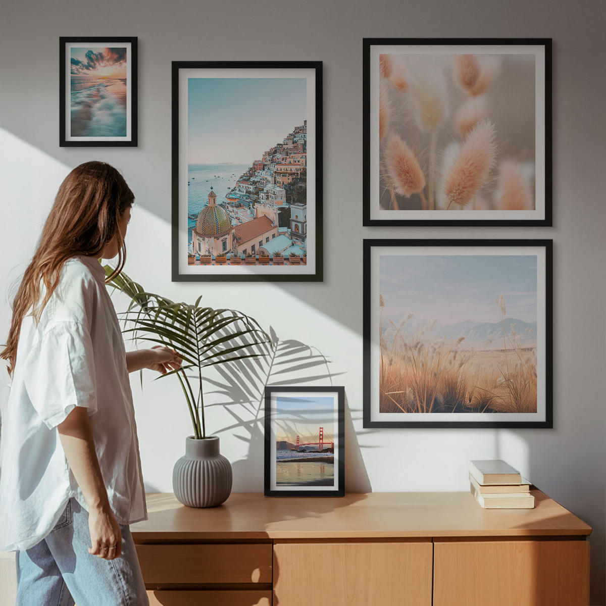 WANDBILDER 5er-Set - 50x50 cm & 20x30 cm & 40x60 cm Schwarzer Rahmen - Sonnenuntergang am Meer, Häuser, Blumen - Schwarz, Kunststoff (40/60cm) - ArtPrintCave