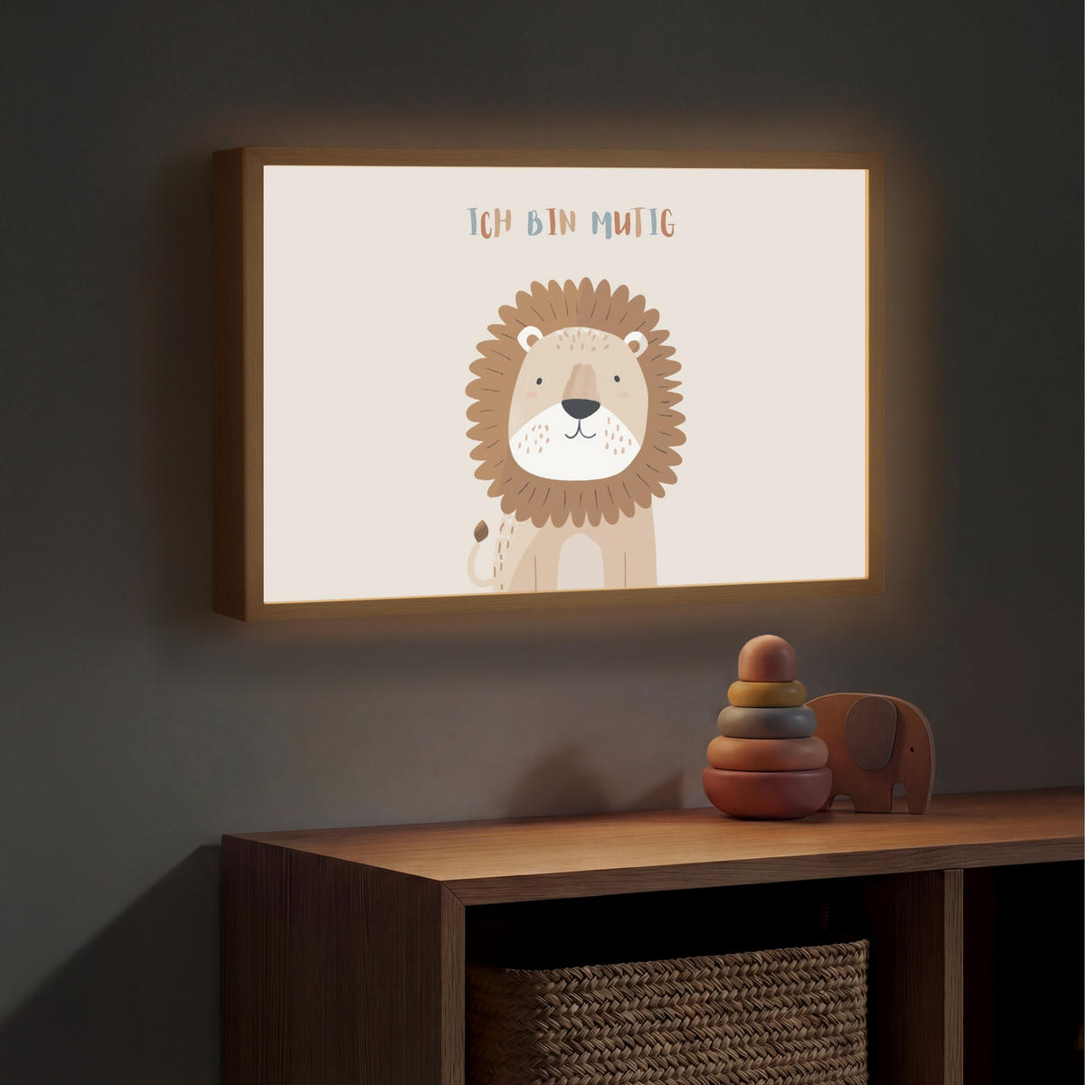 NACHTTISCHLAMPE MIT AKKU Löwe - Beige - Tier - Mutig - Zitat 60x40 cm - Beige, Holzwerkstoff (8/60/40cm) - OnlyWow