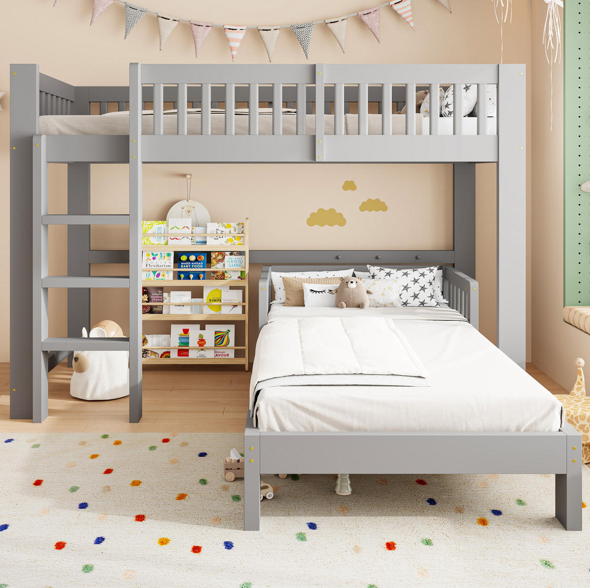 KINDERBETT-SET aus Kiefernholz 90x200 cm Grau, modular als Hoch- und Einzelbett - Grau, Holz (90/200cm) - Modfu