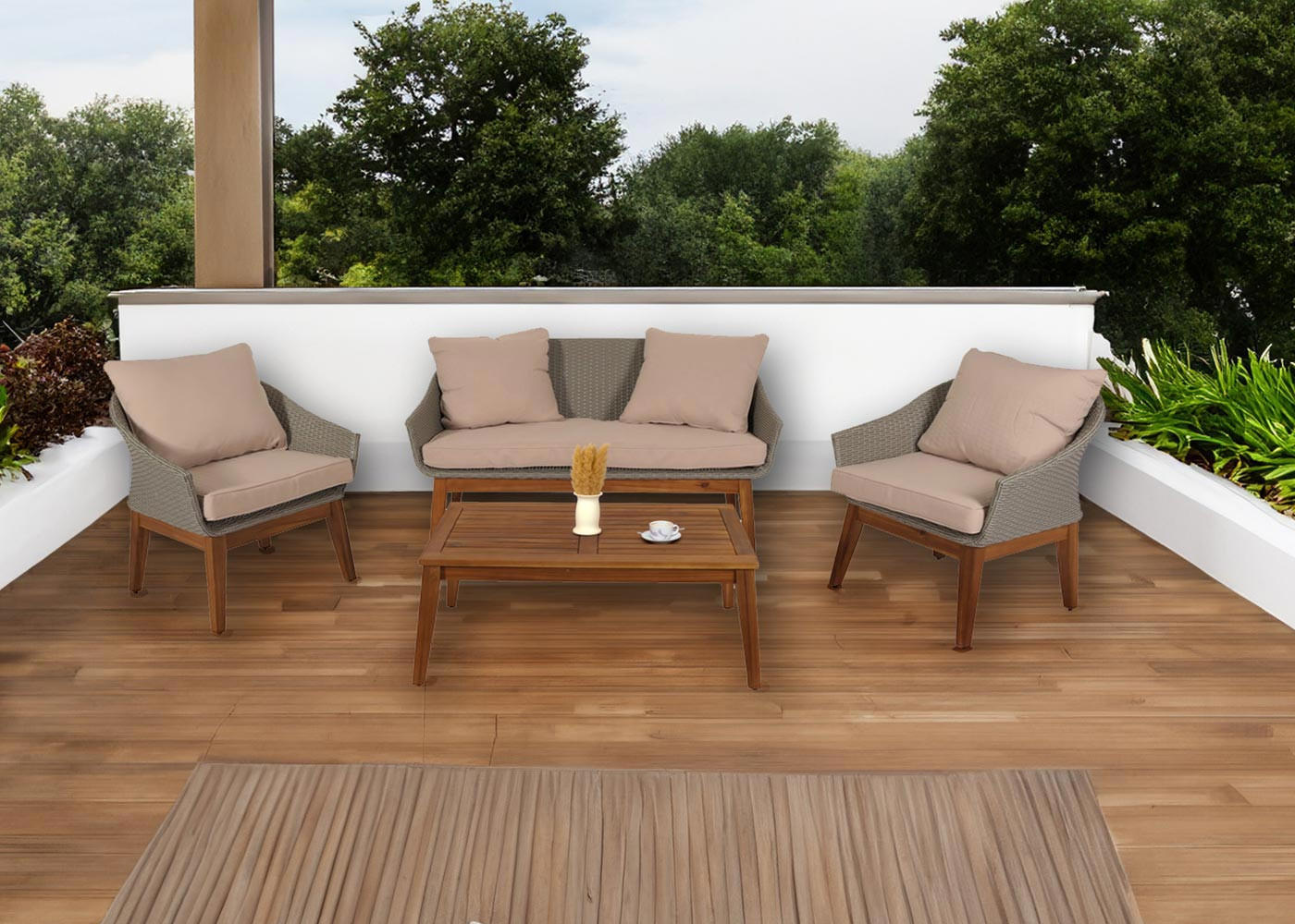 GARTENGARNITUR Grau, Beige - Beige/Grau, Holz - MCW