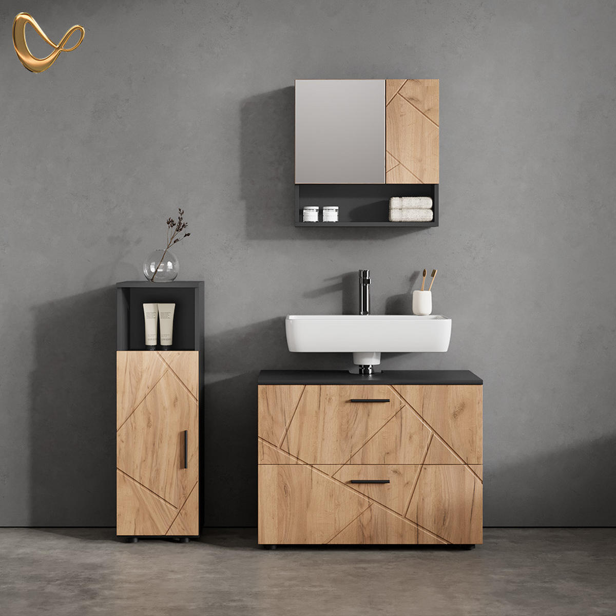 BADMÖBEL-SET Ronco Goldkraft Eiche/Anthrazit 3 Teile, mit Midischrank - Anthrazit/Eiche Wotan, Holzwerkstoff (54/55/41cm) - Livinity®