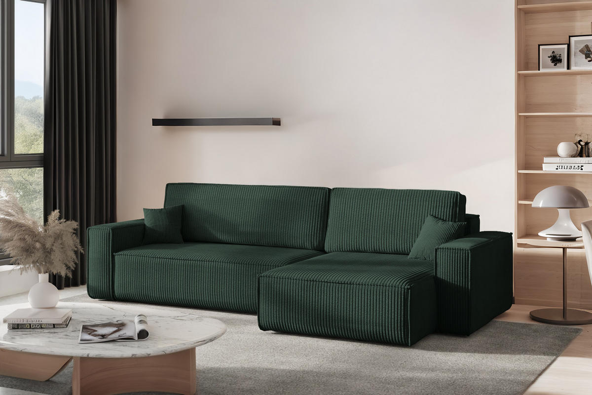 ECKSOFA Mit Schlaffunktion Und Bettkasten, Eckcouch BEST XL Stoff Poso Dicker Cord Grün Rechts - Schwarz/Grün, Holz/Kunststoff (274/142cm) - Kaiser Möbel