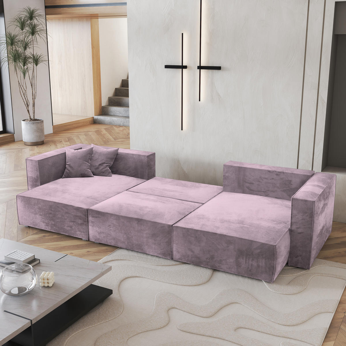 WOHNLANDSCHAFT SARMO M Lila Velours-Stoff mit Schlaffunktion - Lila, Holz (347/70/148cm) - MASSENO