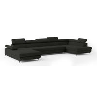 WOHNLANDSCHAFT MONTIVA Schwarz Velours-Stoff mit Schlaffunktion - Schwarz, Holz (410/89/190cm) - MASSENO