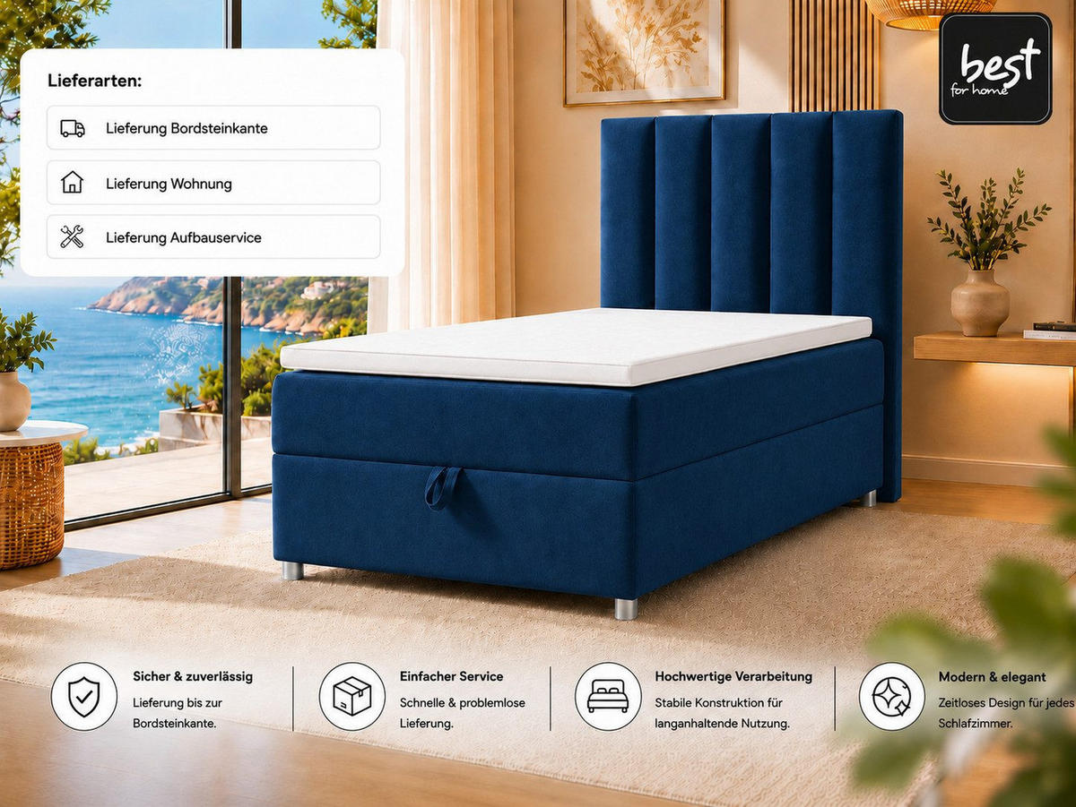 BOXBETT mit Bettkasten Trinity K-10 SINGLE Bonellfederkern inkl. Topper - Blau, Holz/Holzwerkstoff (90/200cm) - Best For Home