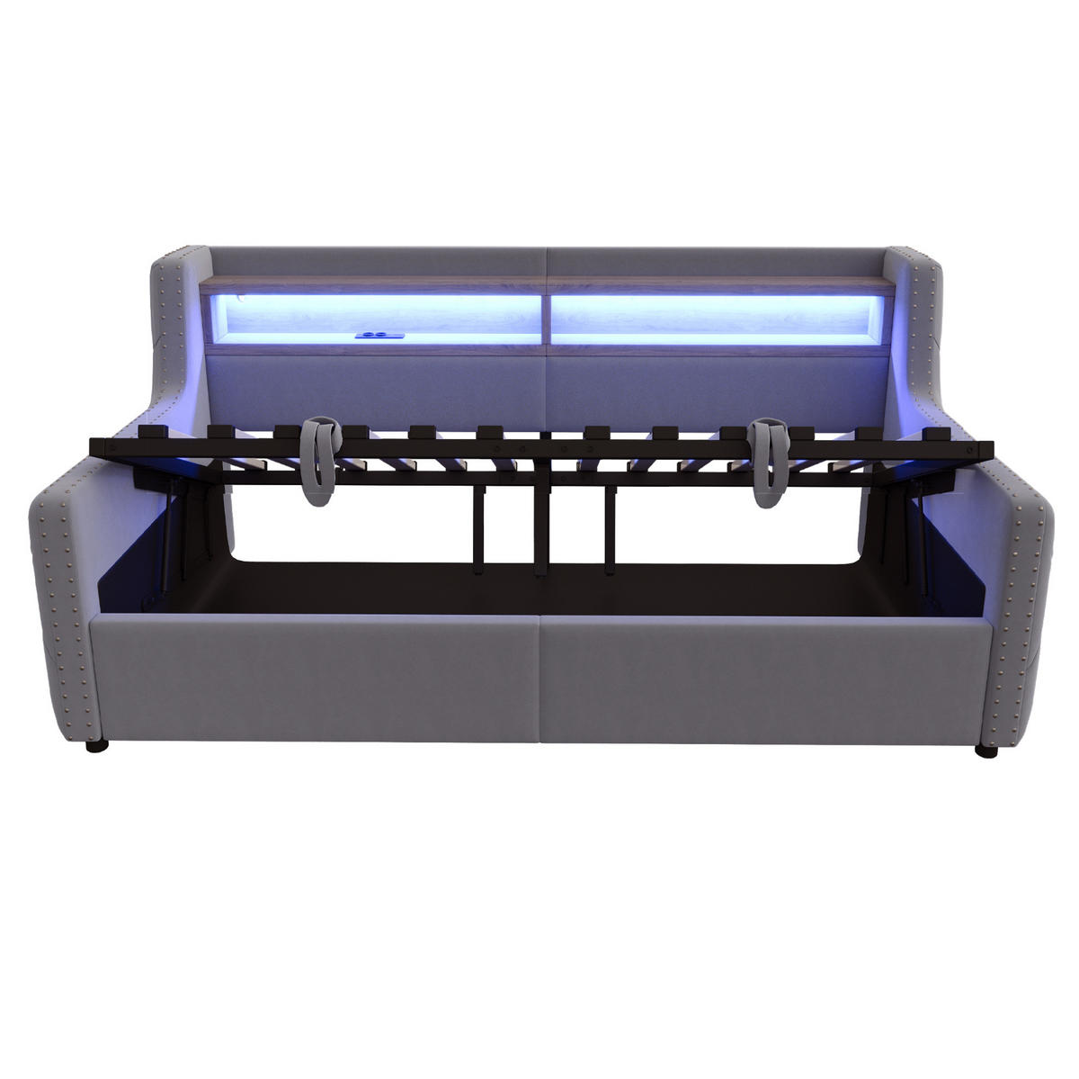 SCHLAFSOFA 90/200 cm mit LED, Stauraum, Ablage, Steckdose und USB-C, Samt mit Lattenrost, Dunkelgrau - Dunkelgrau, Textil (104/81/216cm) - Redom