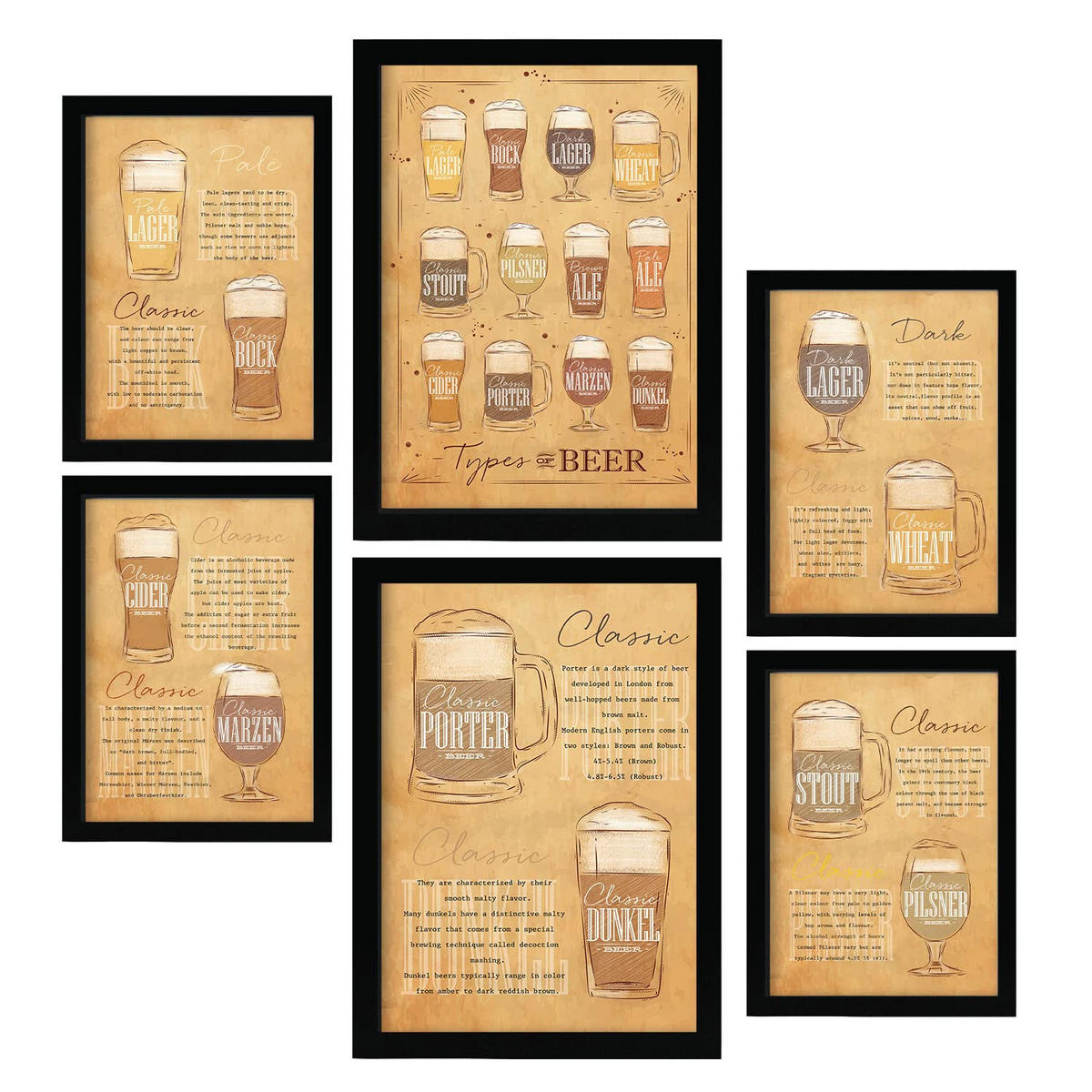POSTER Set Mit 6 Biersorten Größe A3 & A4 Schwarzer Rahmen - Schwarz, Papier (29.7/1cm) - Nacnic