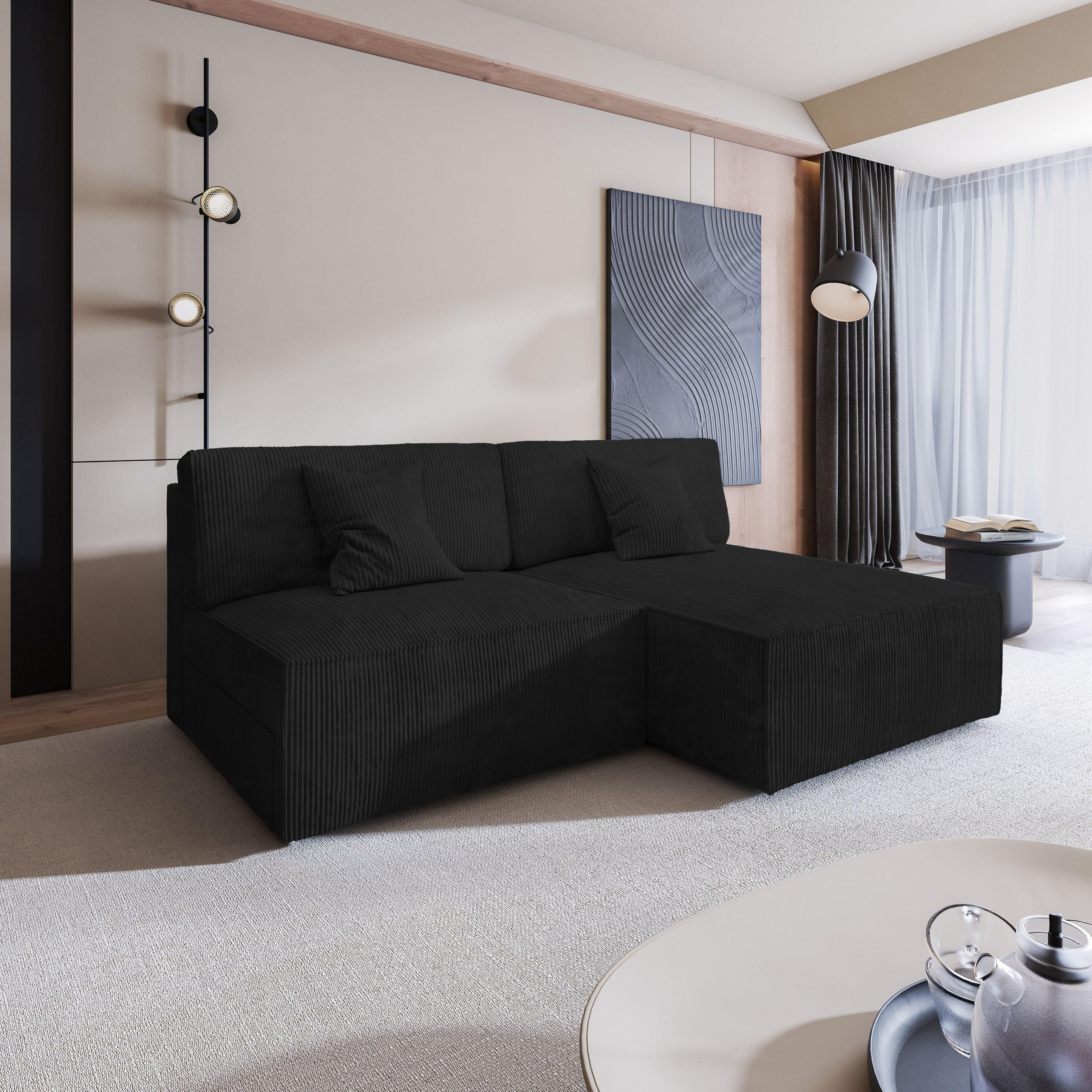 ECKSOFA FIORO P Schwarz Kordstoff mit Schlaffunktion - Schwarz, Holz (204/148cm) - MASSENO
