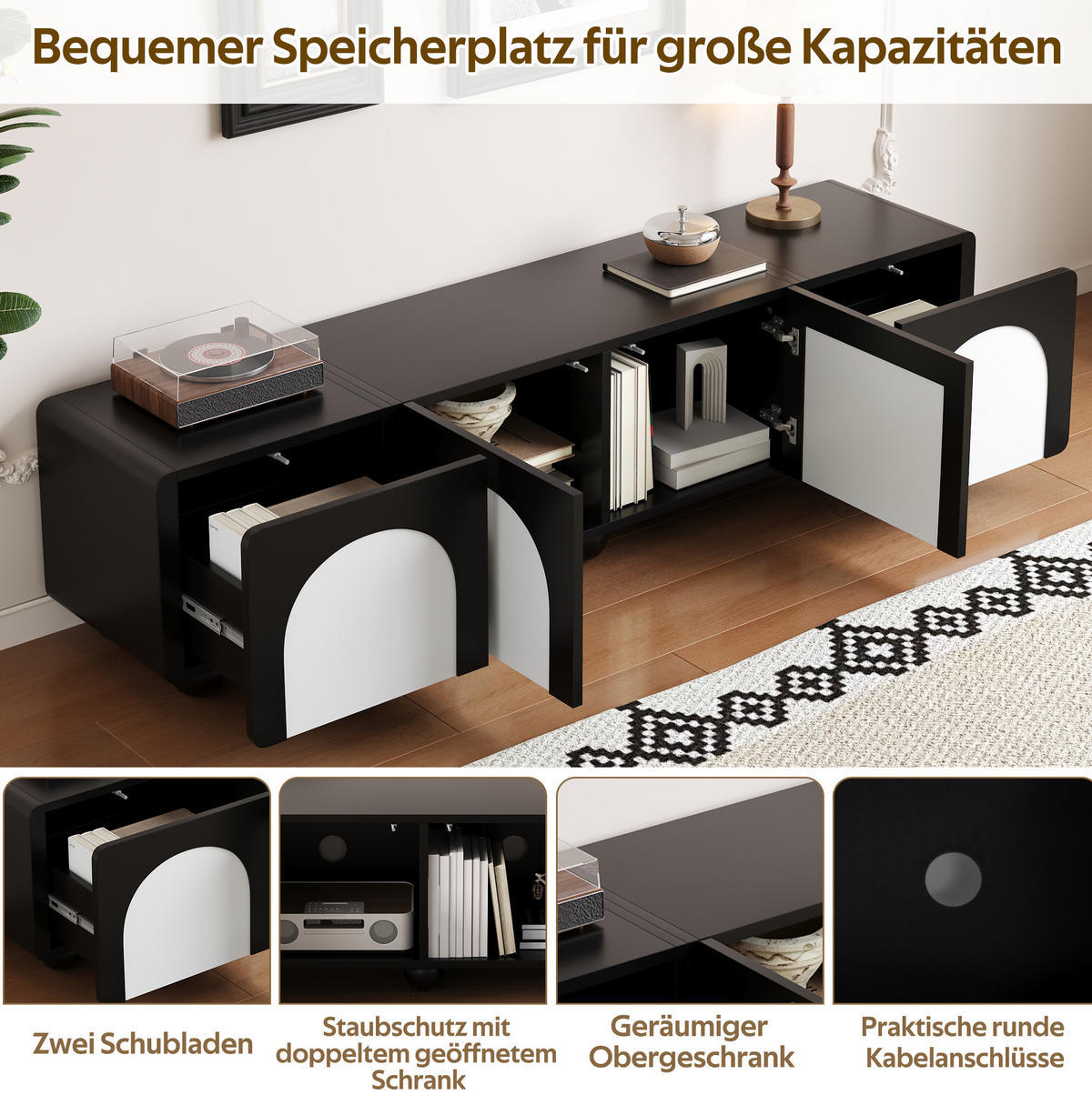 LOWBOARD 180/38/45 cm in Schwarz/Weiß mit 2 Schubladen und Kabelmanagement - Schwarz, Holzwerkstoff (180/45/38cm) - Flora Grace